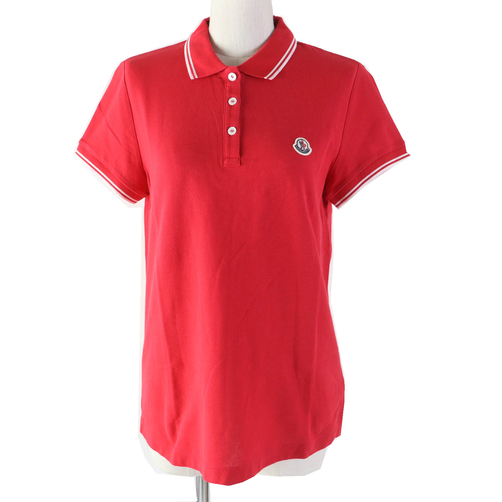 良品◎MONCLER モンクレール MAGLIA コットン ワッペン付き 半袖ポロシャツ レッド ホワイト L 正規品 レディース【中古】