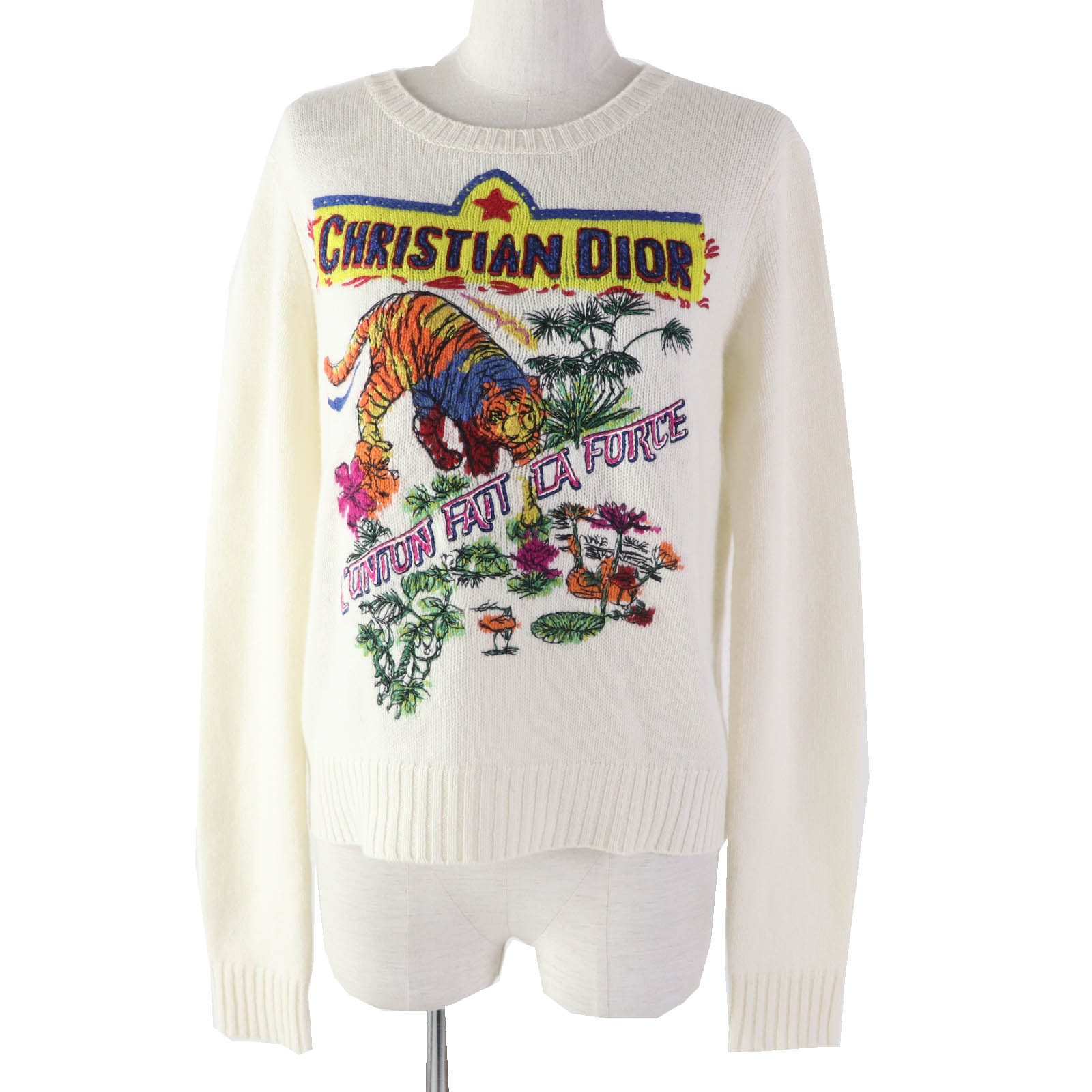 極美品◎Christian Dior クリスチャンディオール 23AW 344S57TM152 インディアンタイガーモチーフ カシミヤ コットン 長袖ニット ホワイト マルチ 44 イタリア製 正規品 レディース【中古】
