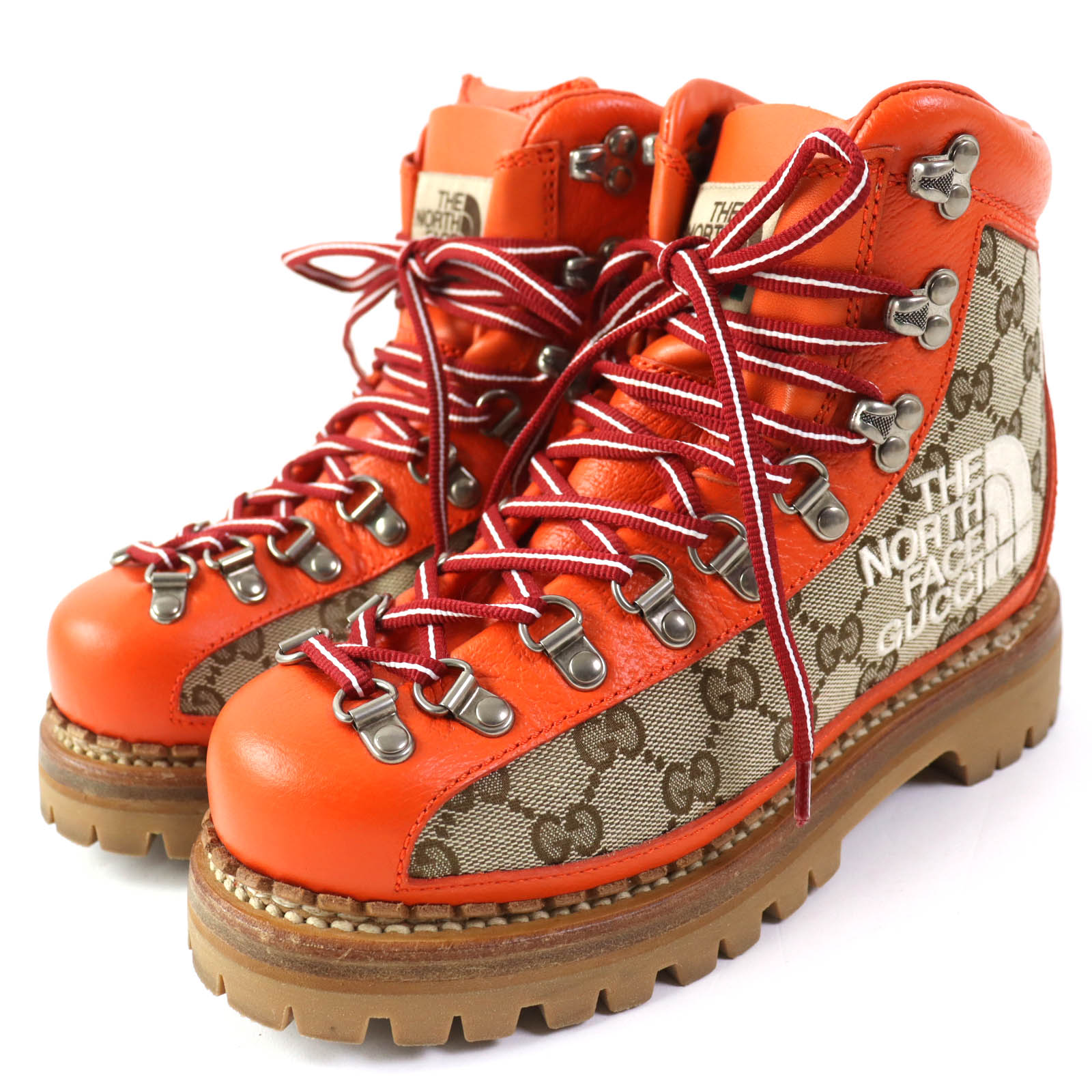 極美品△GUCCI THE NORTH FACE グッチ ザノースフェイス 679927 レザー GGキャンバス ロゴ刺繍 トレッキング ブーツ オレンジ ベージュ 36 イタリア製 レディース【中古】