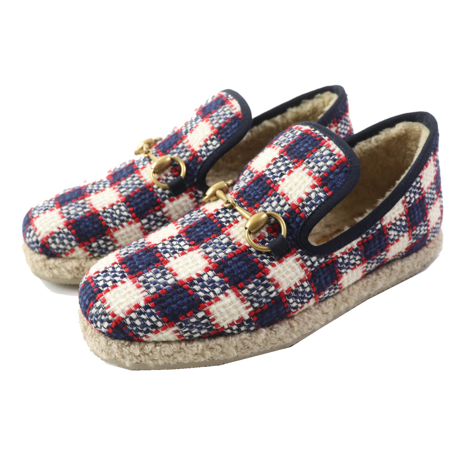 未使用品◎GUCCI グッチ ホースビット 中ボア チェック柄 ツイード ローファー ネイビー レッド ホワイト ゴールド金具 36.5 イタリア製 レディース【中古】