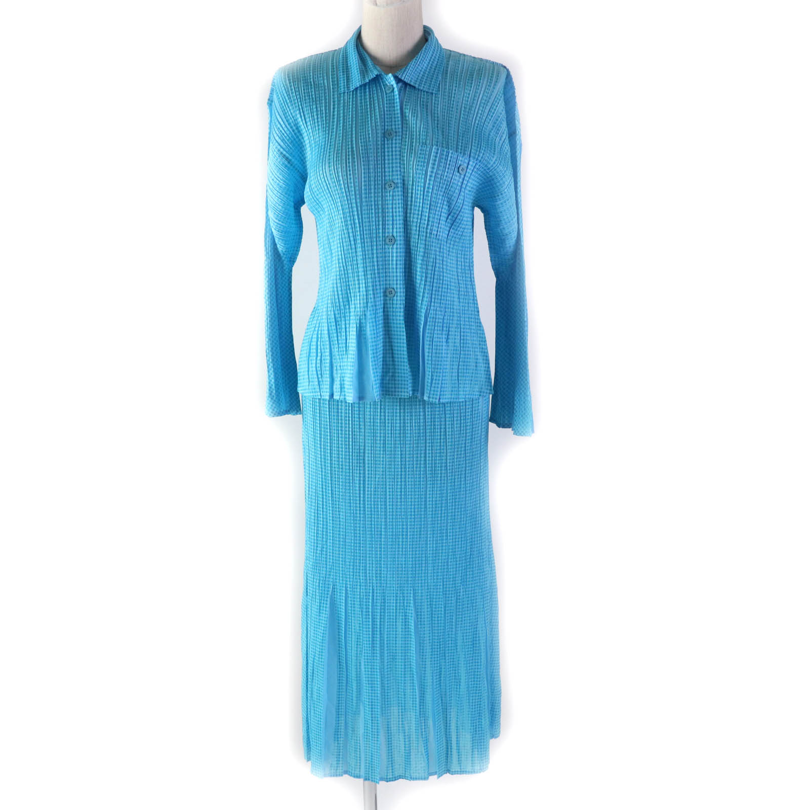 美品★PLEATS PLEASE プリーツプリーズ イッセイミヤケ PP22-JJ853/PP22-JG855 チェック柄 長袖シャツ＋ロングスカート 2点set セットアップ ライトブルー 3 日本製 正規品 レディース【中古】