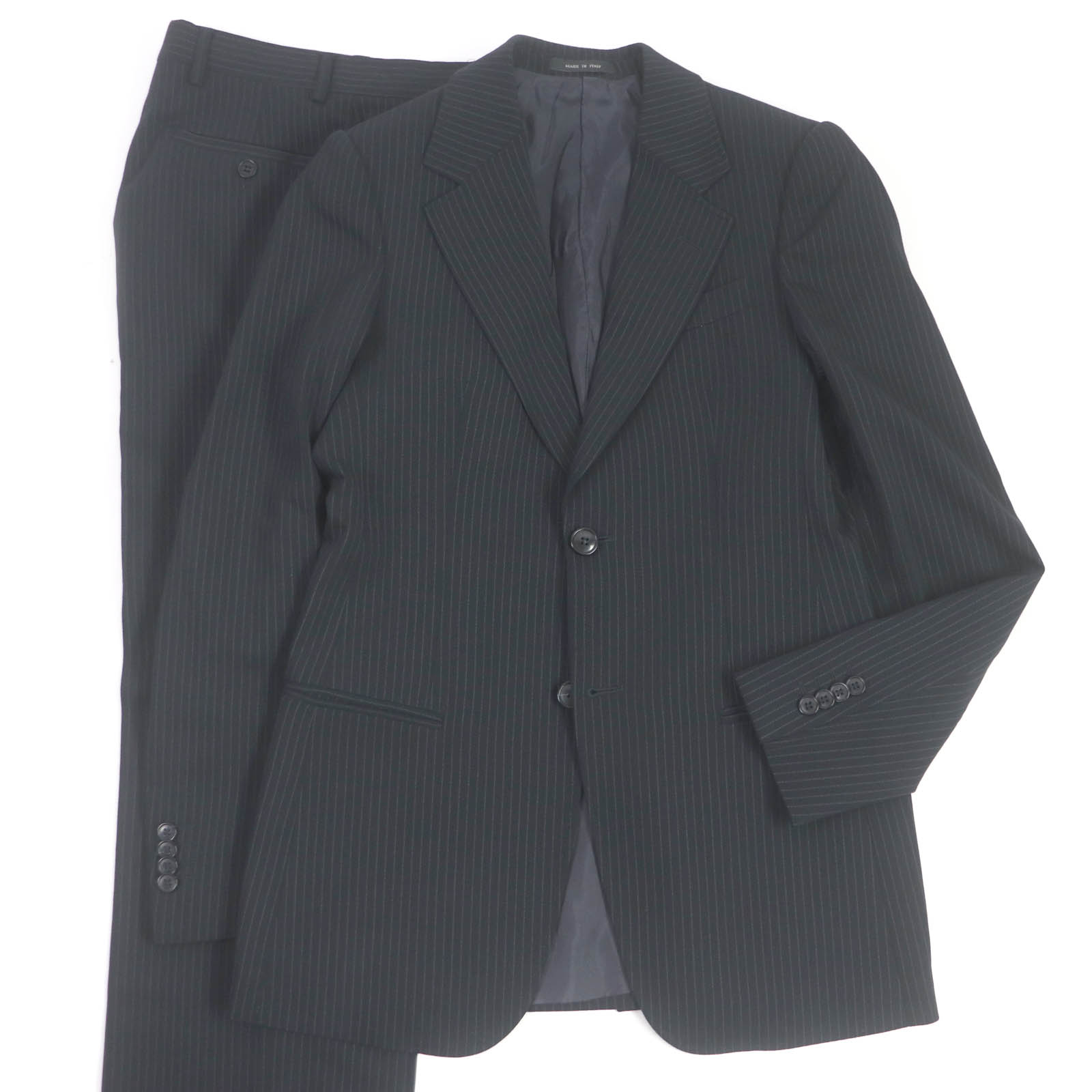 美品□EMPORIO ARMANI エンポリオ アルマーニ 黒タグ ストライプ柄 バージンウール 上下セットアップ シングルスーツ ブラック 44 ハンガー付き イタリア製 正規品 メンズ【中古】
