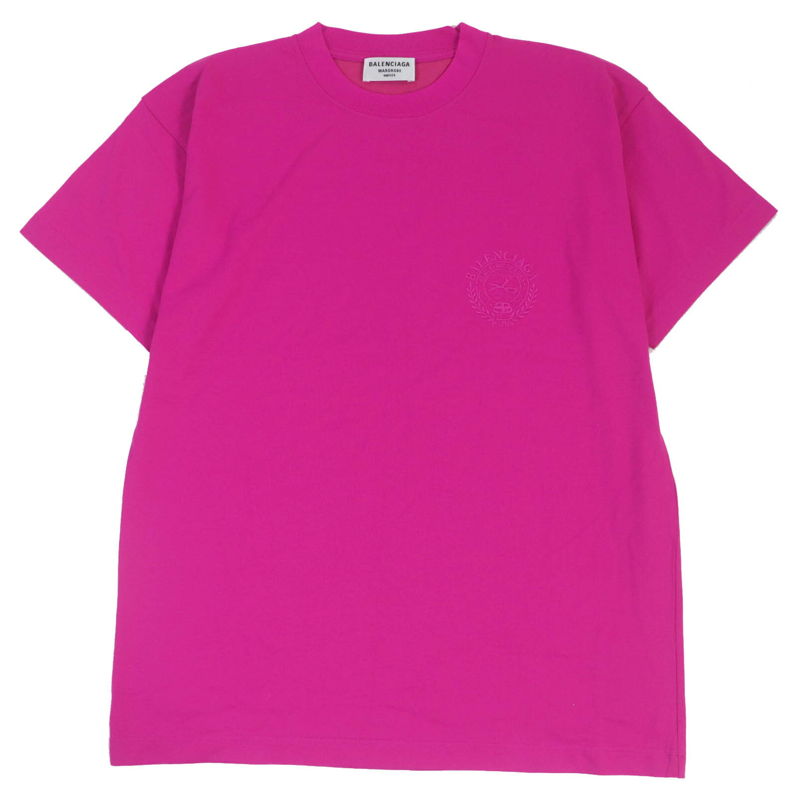 未使用品□BALENCIAGA バレンシアガ 22SS 612965 コットン ロゴエンブロイダリー クルーネック 半袖Tシャツ ショッキングピンク S 正規品 メンズ【中古】