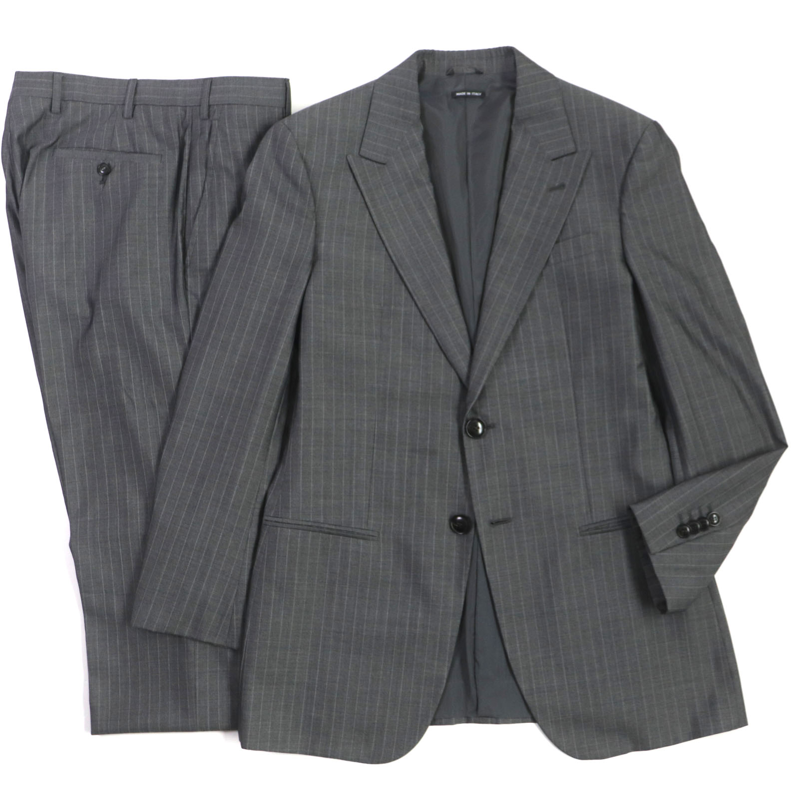 美品▼GIORGIO ARMANI ジョルジオアルマーニ ウール シルク 黒タグ ストライプ柄 シングル スーツ グレー 48 イタリア製 正規品 メンズ【中古】