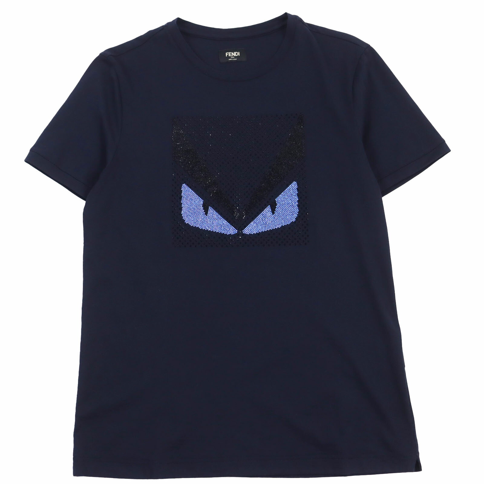 極美品●FENDI フェンディ 2019年製 FY0626 ラインストーン モンスター バグズアイ 半袖Tシャツ ネイビー 46 イタリア製 正規品 メンズ【中古】