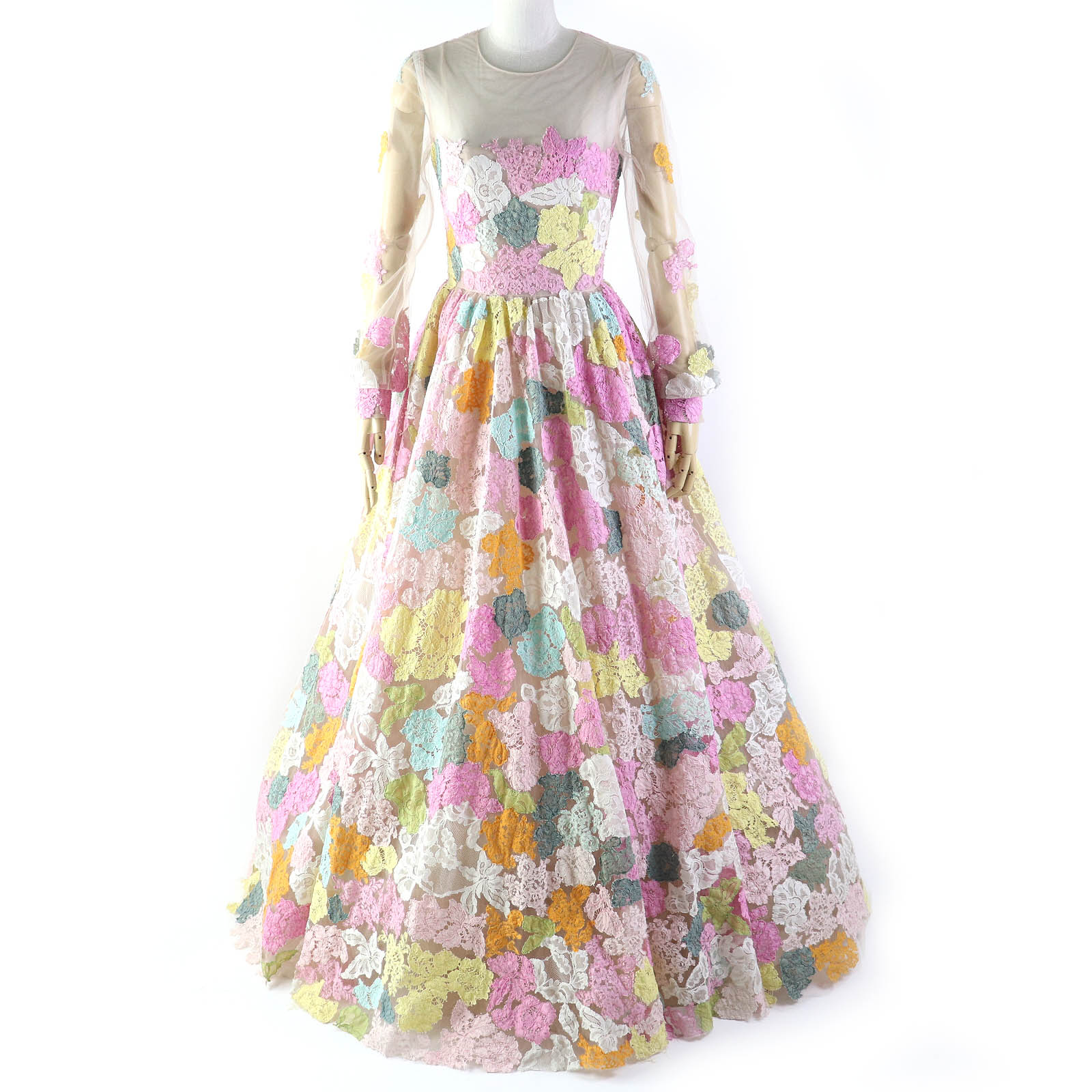 美品△VALENTINO ヴァレンティノ フラワーレースデザイン 長袖 ボリューム チュール ドレス ワンピース マルチカラー 38 イタリア製 正規品 レディース【中古】