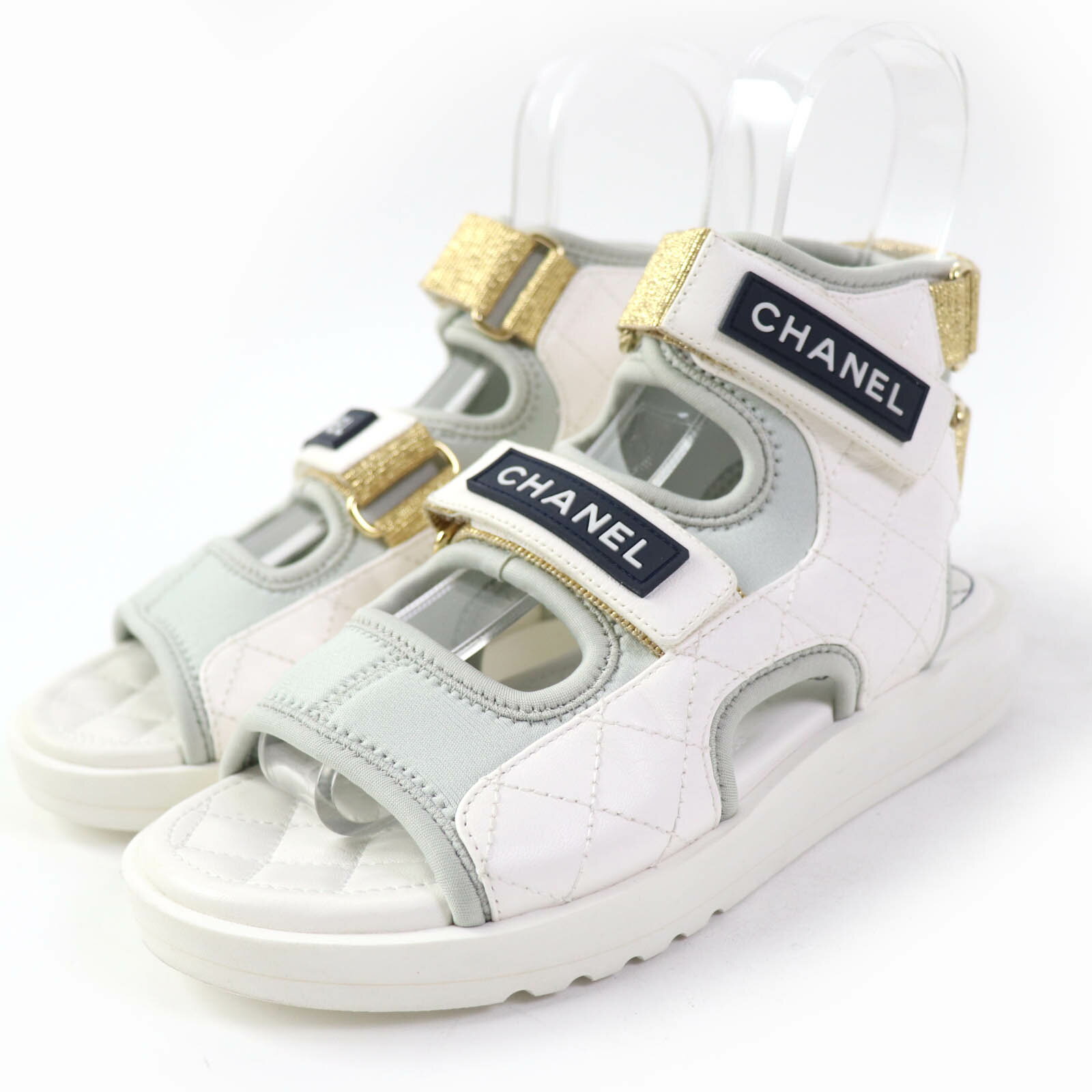 極美品☆CHANEL シャネル G37231 ロゴ入り マトラッセ スポーツサンダル ベルクロサンダル シューズ ホワイト 35 イタリア製 レディース【中古】
