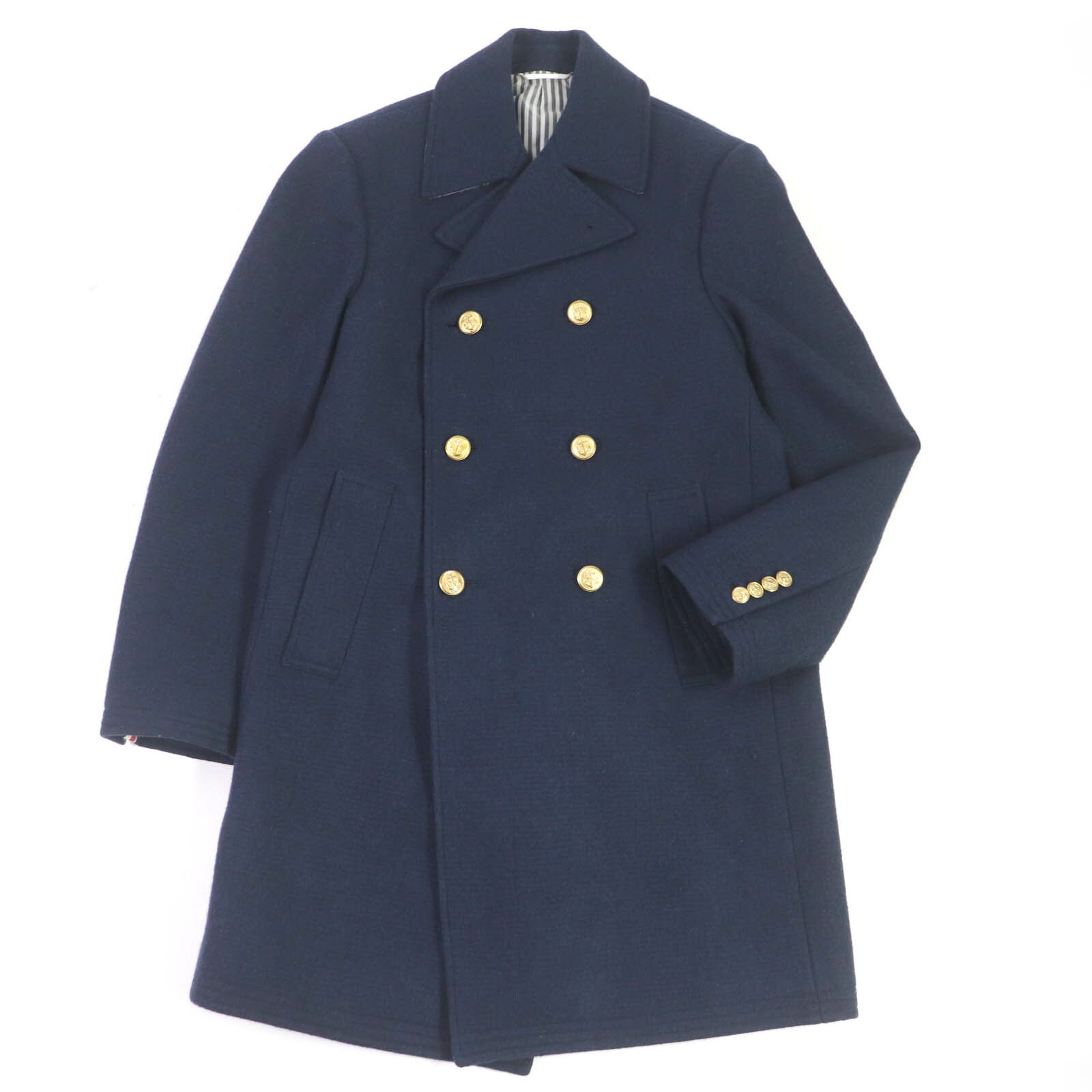 美品□THOM BROWNE トムブラウン ウール キュプラ 錨ゴールドボタン トリコロール ダブルブレスト チェスターコート ネイビー 0 日本製 正規品 メンズ【中古】