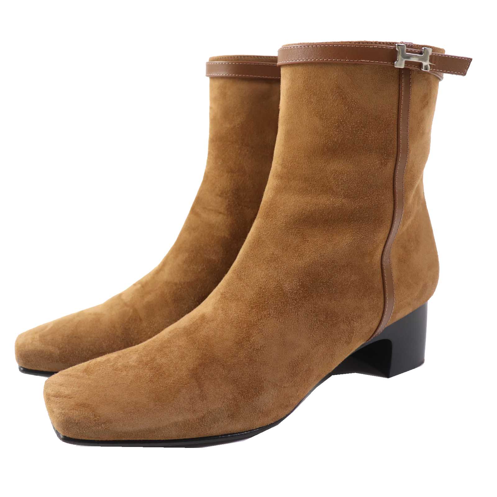 美品◎HERMES エルメス 2023年製 BL232082Z シルバー金具 H金具 サイドZIP スウェード レザー アンクルブーツ ブラウン 38 箱・保存袋付き イタリア製 レディース【中古】