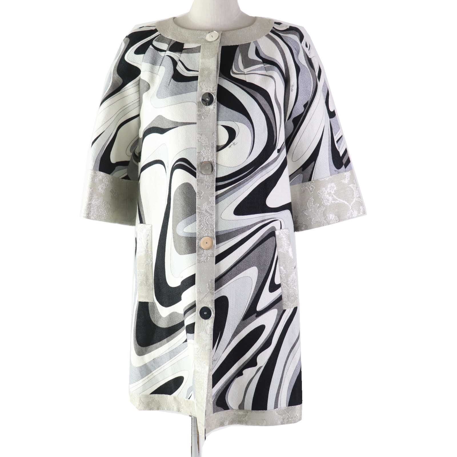 極美品◎Emilio Pucci エミリオ・プッチ リネン コットン混 ミラーボタン付き プッチ柄 コート マルチ 38 イタリア製 国内正規品 レディース【中古】
