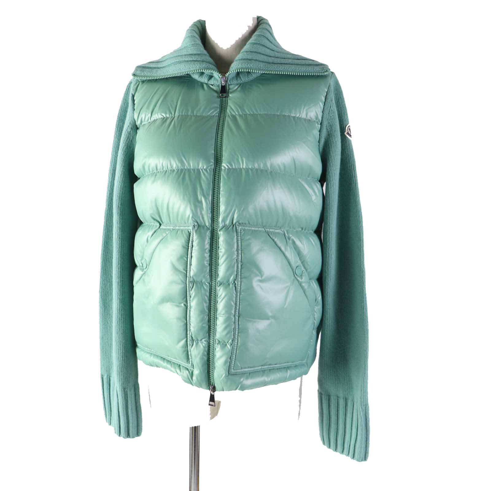 極美品◎MONCLER モンクレール 2022年製 CARDIGAN TRICOT ワッペン付き ニット切替 ダウンジャケット ライトグリーン XS 国内正規品 レディース【中古】