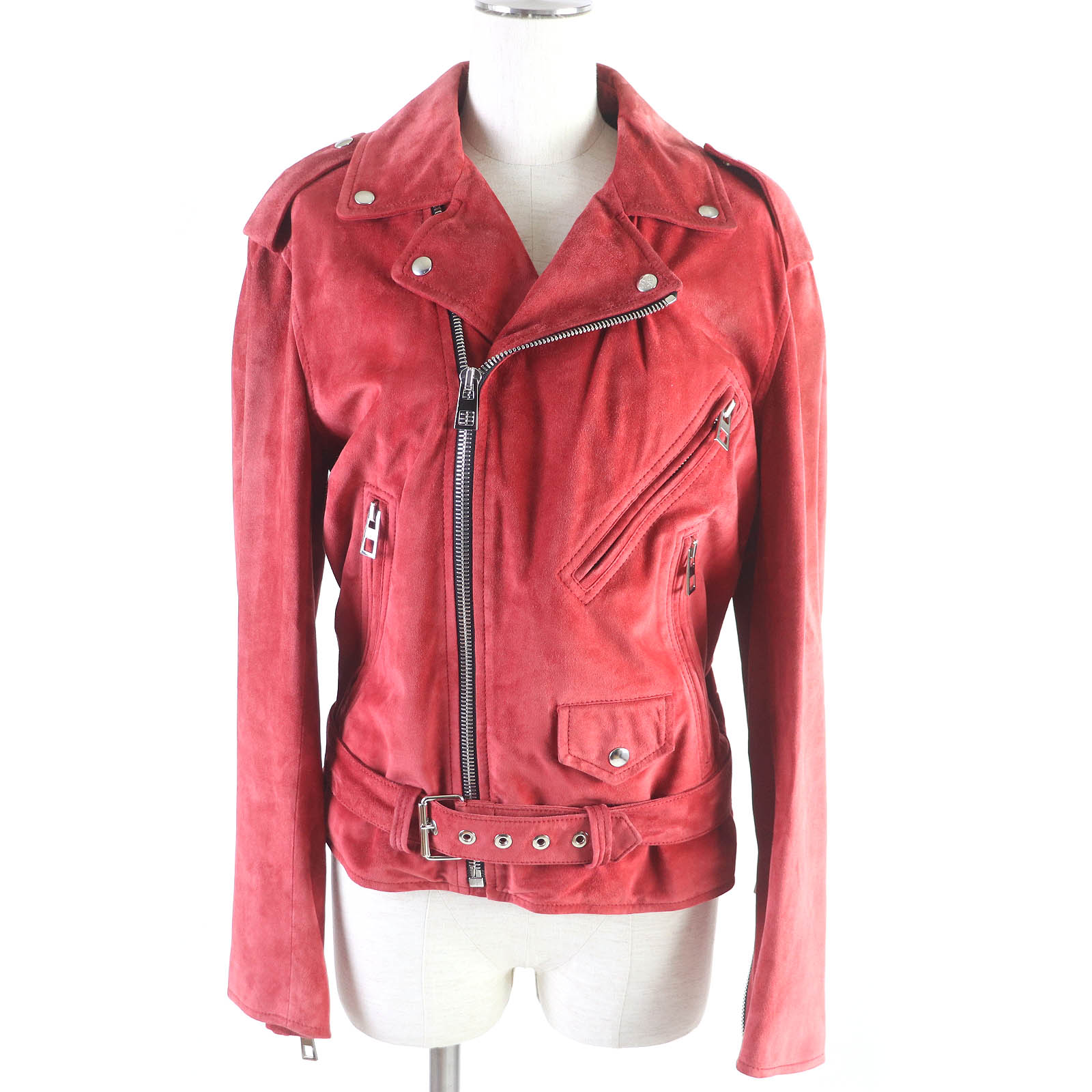 良品□LOEWE ロエベ D1268178CH アナグラムボタン スウェードレザー バイカージャケット ダブルライダースジャケット レッド 36 正規品 レディース【中古】