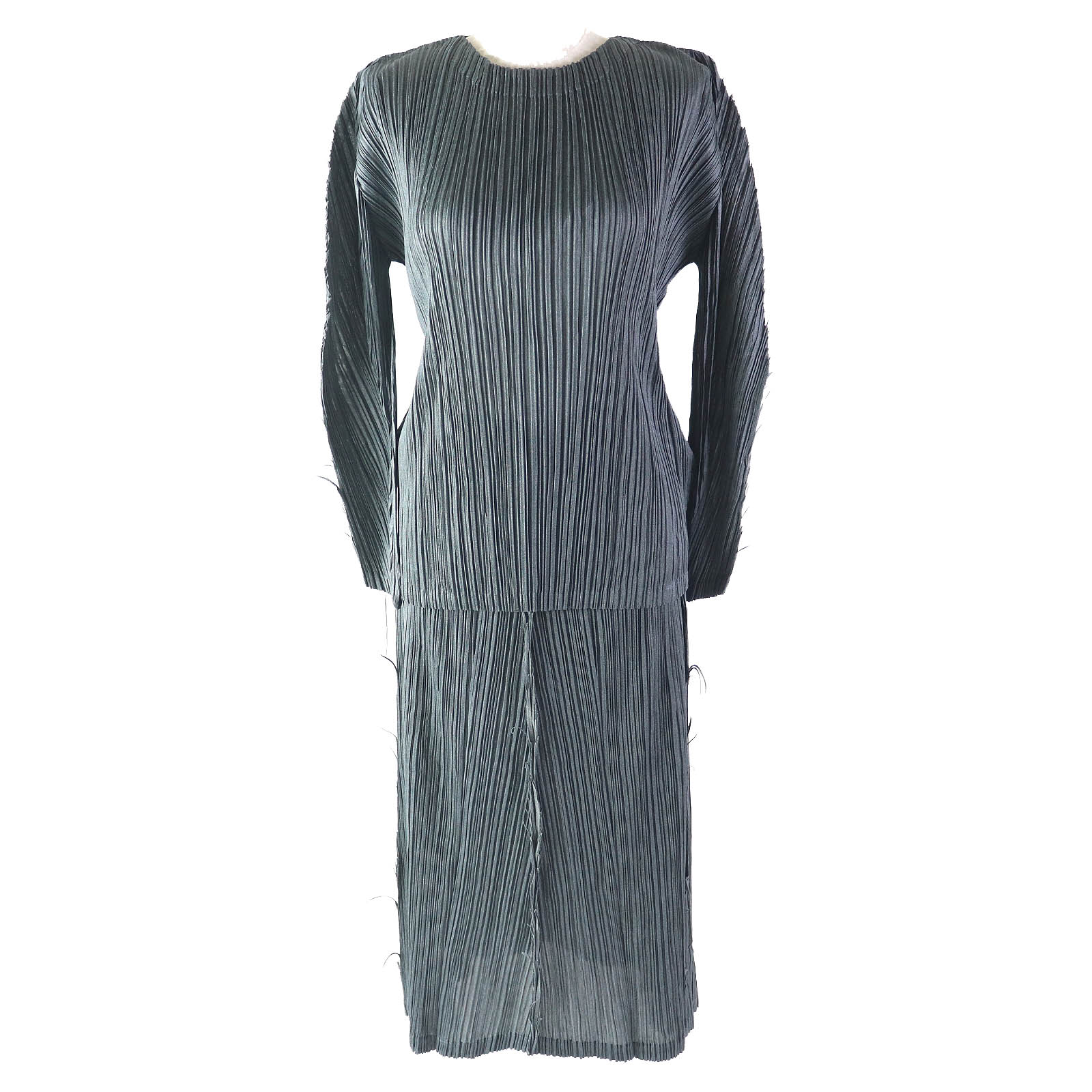 未使用品△PLEATS PLEASE プリーツプリーズ イッセイミヤケ PP23-JL662/PP23-JL668 カットオフデザイン クルーネック 長袖 カットソー スカート セットアップ グレー 3 日本製 レディース【中古】