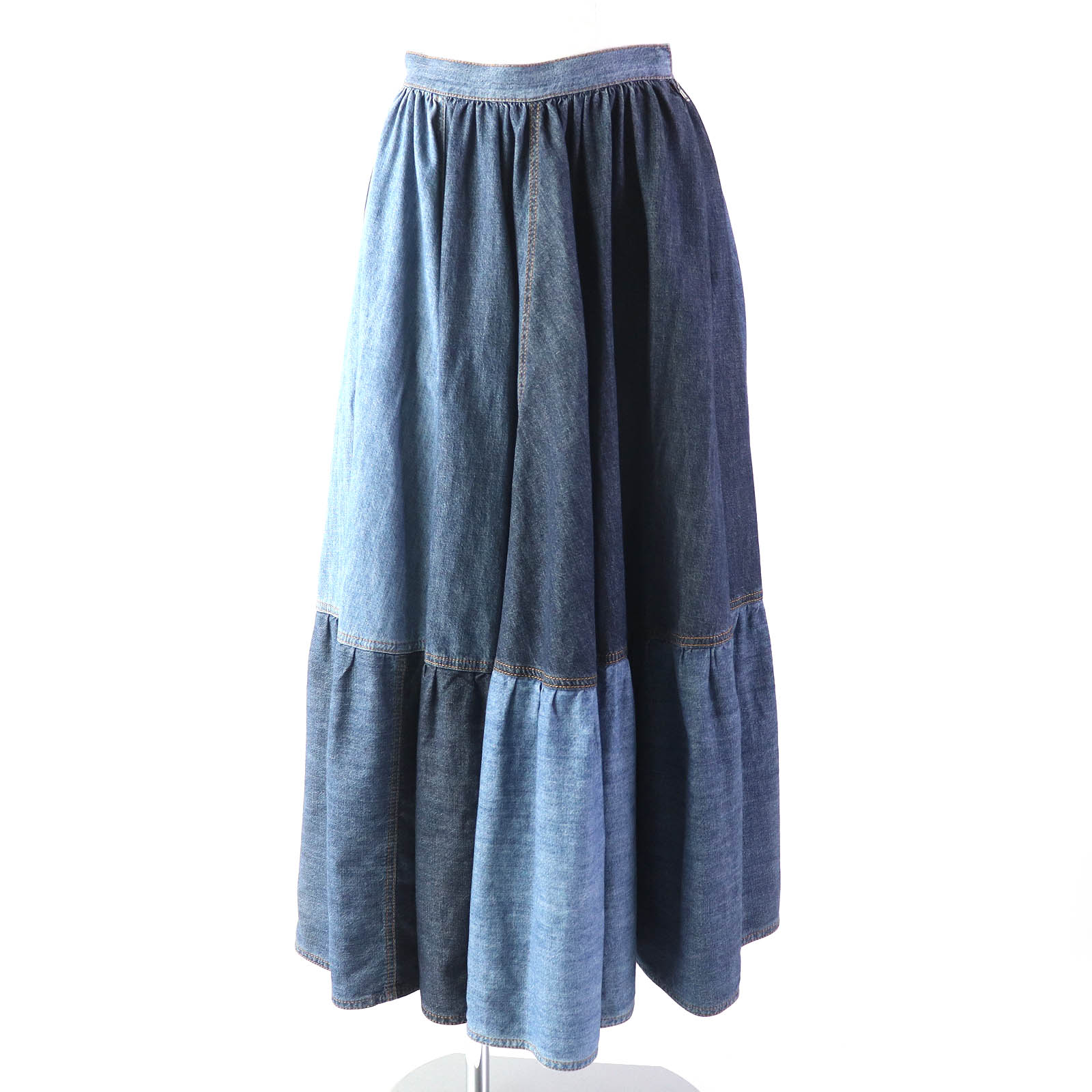美品△Christian Dior クリスチャンディオール 21SS 112J56A3941 パッチワークデザイン コットンデニム ロング フレアスカート インディゴブルー 40 イタリア製 正規品 レディース【中古】