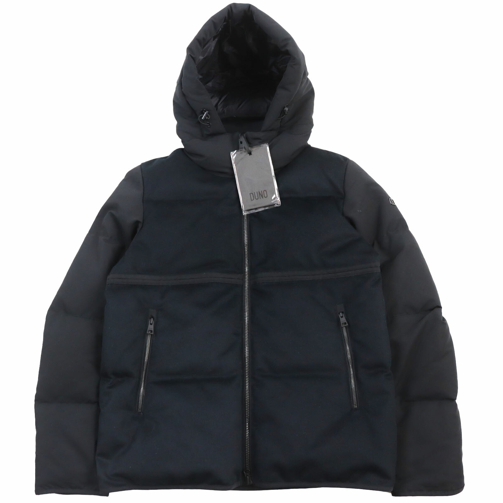 未使用品●DUNO デュノ 23AW KM610E PALM 異素材切り替え ロゴエンボス ロゴ金具付き フーデッド ダウンジャケット ブラック 48 ハンガー付き 正規品 メンズ【中古】