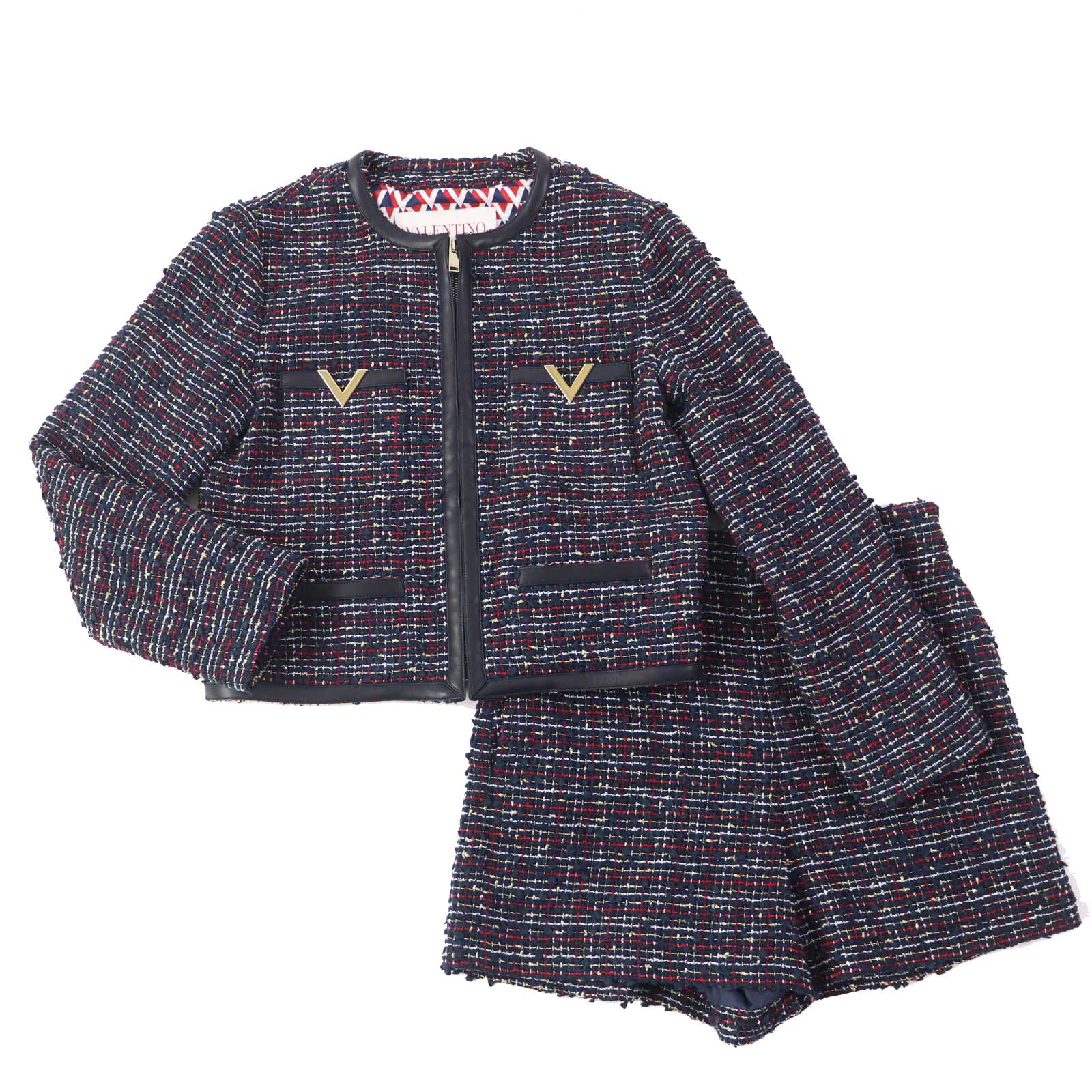 極美品◎VALENTINO ヴァレンティノ 22年製 V金具 レザー使い リボンツイード セットアップ ネイビー マルチ ゴールド金具 38／40 イタリア製 正規品 レディース【中古】