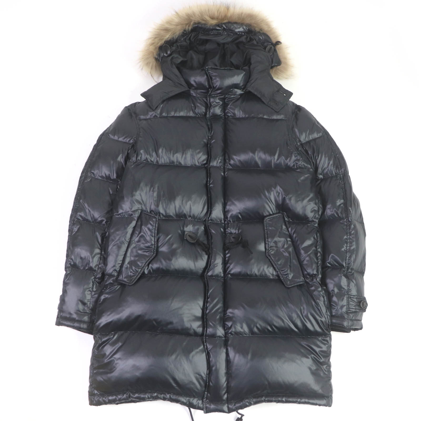 美品□PS Paul Smith ピーエス ポールスミス ラクーンファーフーデッド ドローストリング ZIPUP ダウンジャケット ブラック M メンズ【中古】