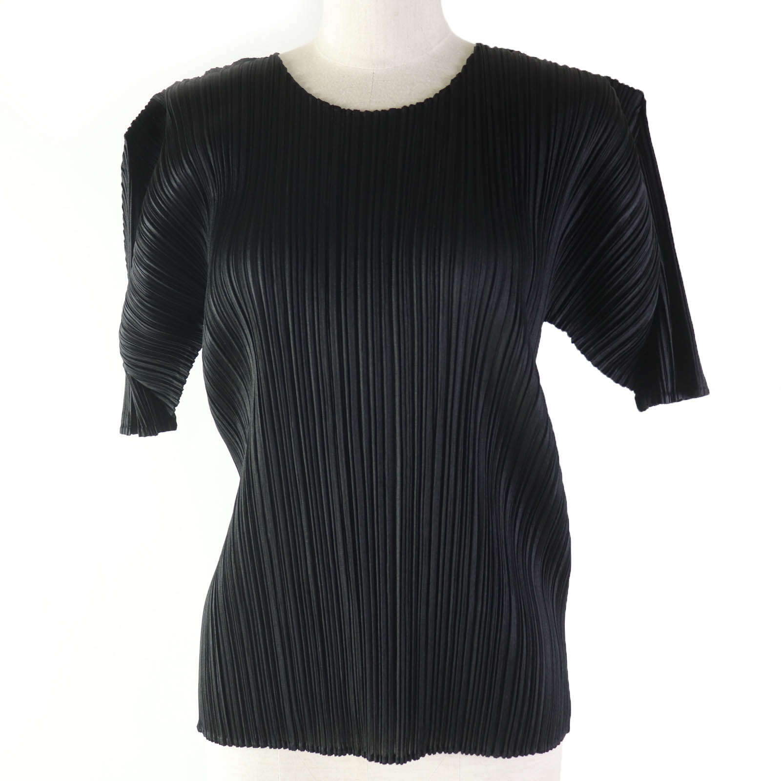 美品☆PLEATS PLEASE プリーツプリーズ イッセイミヤケ PP05-JK004 クルーネック 半袖 トップス カットソー ブラック 3 日本製 正規品 レディース【中古】