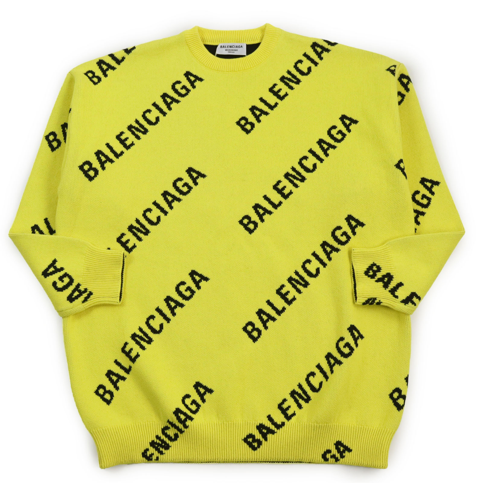 美品●BALENCIAGA バレンシアガ 2020年製 657528 WARDROBE ジャガードロゴ クルーネック ニット セーター イエロー ブラック XS イタリア製 正規品 ユニセックス【中古】