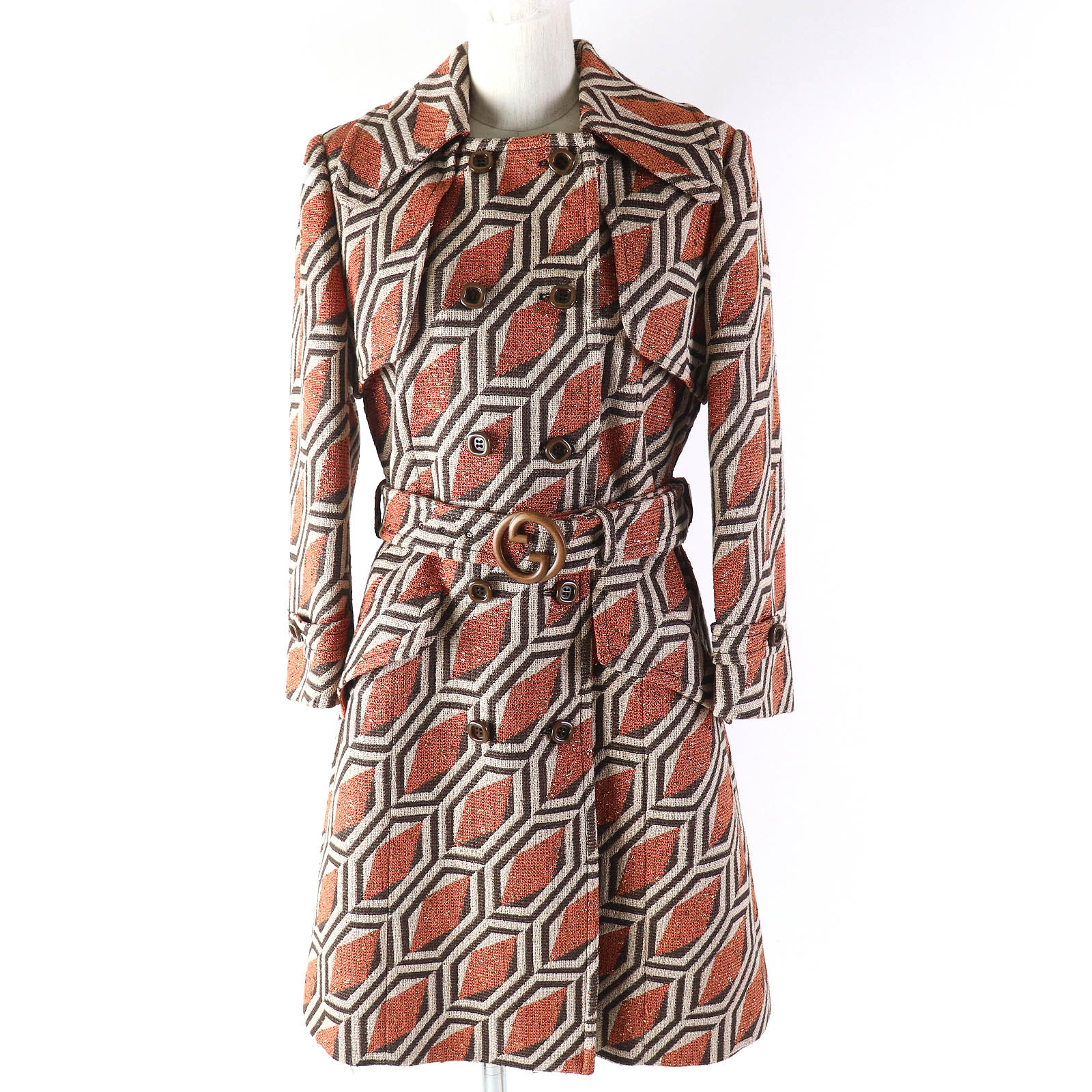 極美品△GUCCI グッチ 643299 ZAF5E インターロッキングGウッドバックル 総柄 ベルテッドコート オレンジ ブラウン ベージュ 38 ハンガー付き イタリア製 正規品 レディース オススメ◎【中古】