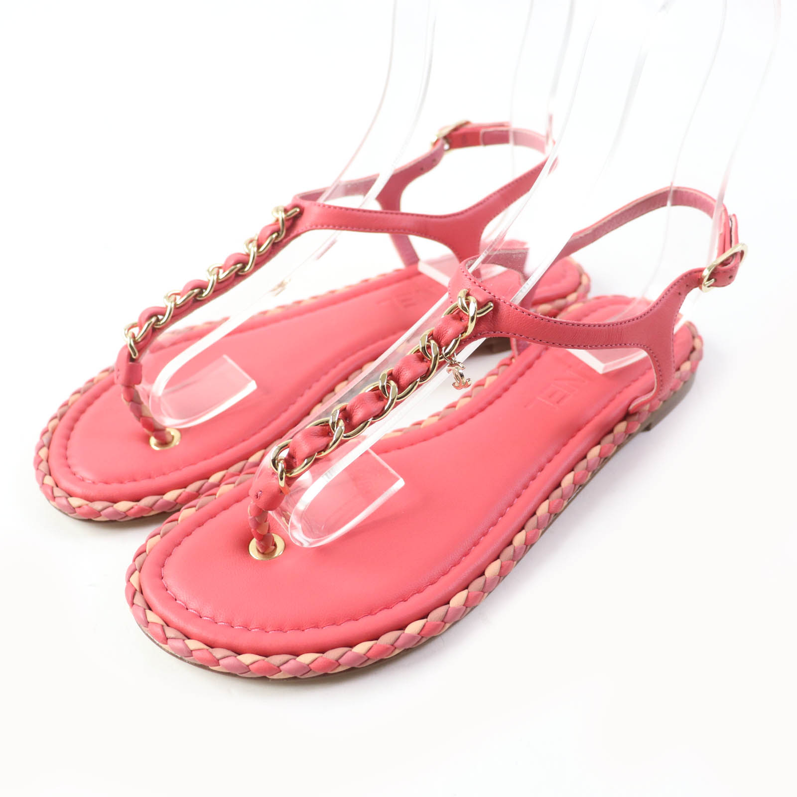 極美品★CHANEL シャネル ココマーク付 アンクルストラップ レザー フラットサンダル ピンク 37C 保存袋付き イタリア製 レディース【中古】
