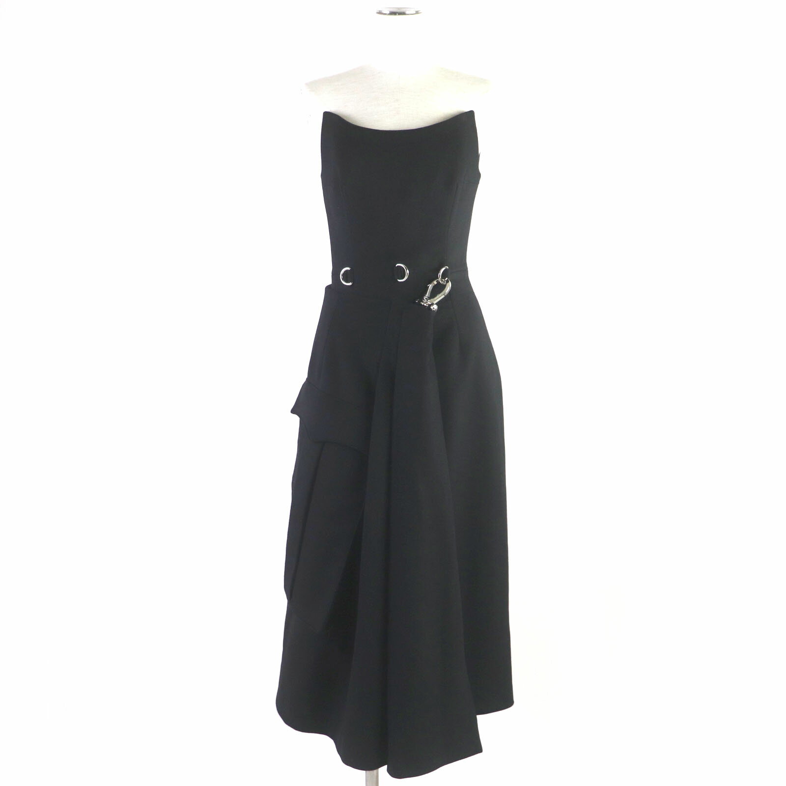 極美品▼PRADA プラダ バージンウール100% ノースリーブ シルバーロゴ金具 2WAY ワンピース ドレス ブラック 38 イタリア製 正規品【中古】