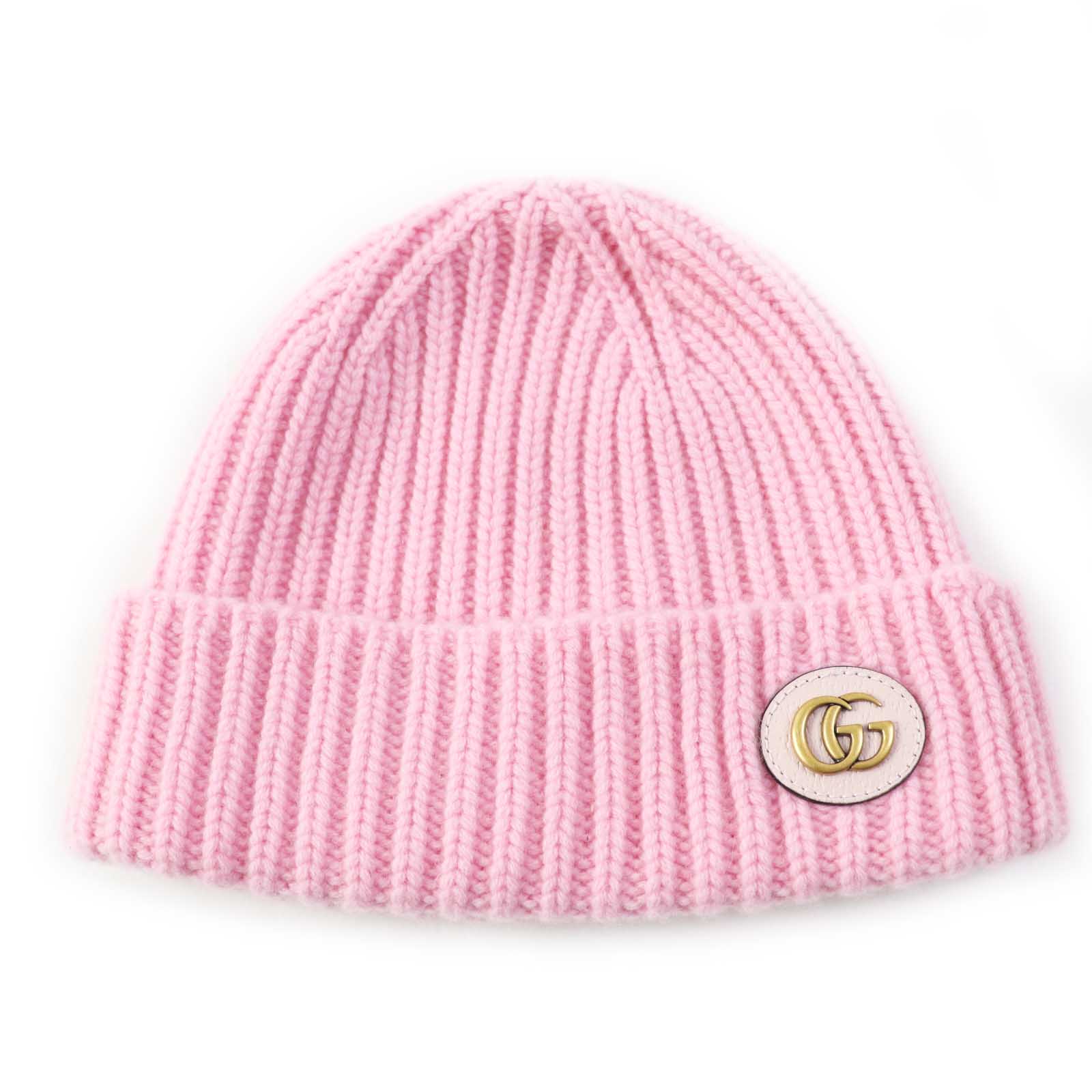 美品◎GUCCI グッチ 764594 ウール カシミヤ 現行品 ダブルG レザー使い ニット帽 ニットキャップ ピンク ゴールド金具 M 57 21cm イタリア製 正規品 レディース【中古】
