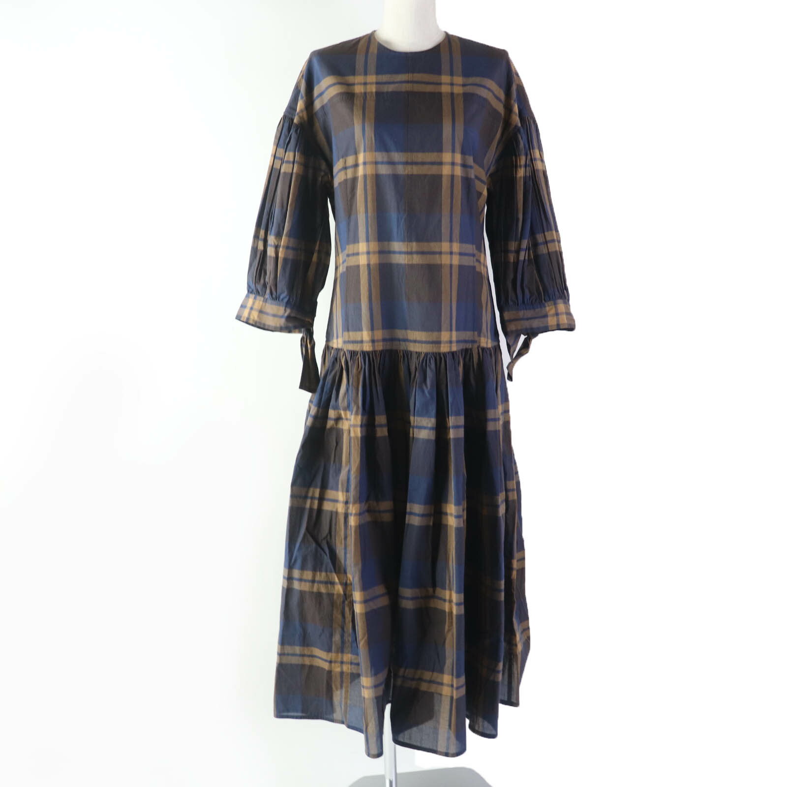 未使用品☆BLAMINK ブラミンク 22AW コットン100％ シルク使い チェック柄 ギャザー ワンピース ブラウン ネイビー 38 日本製 正規品 レディース【中古】