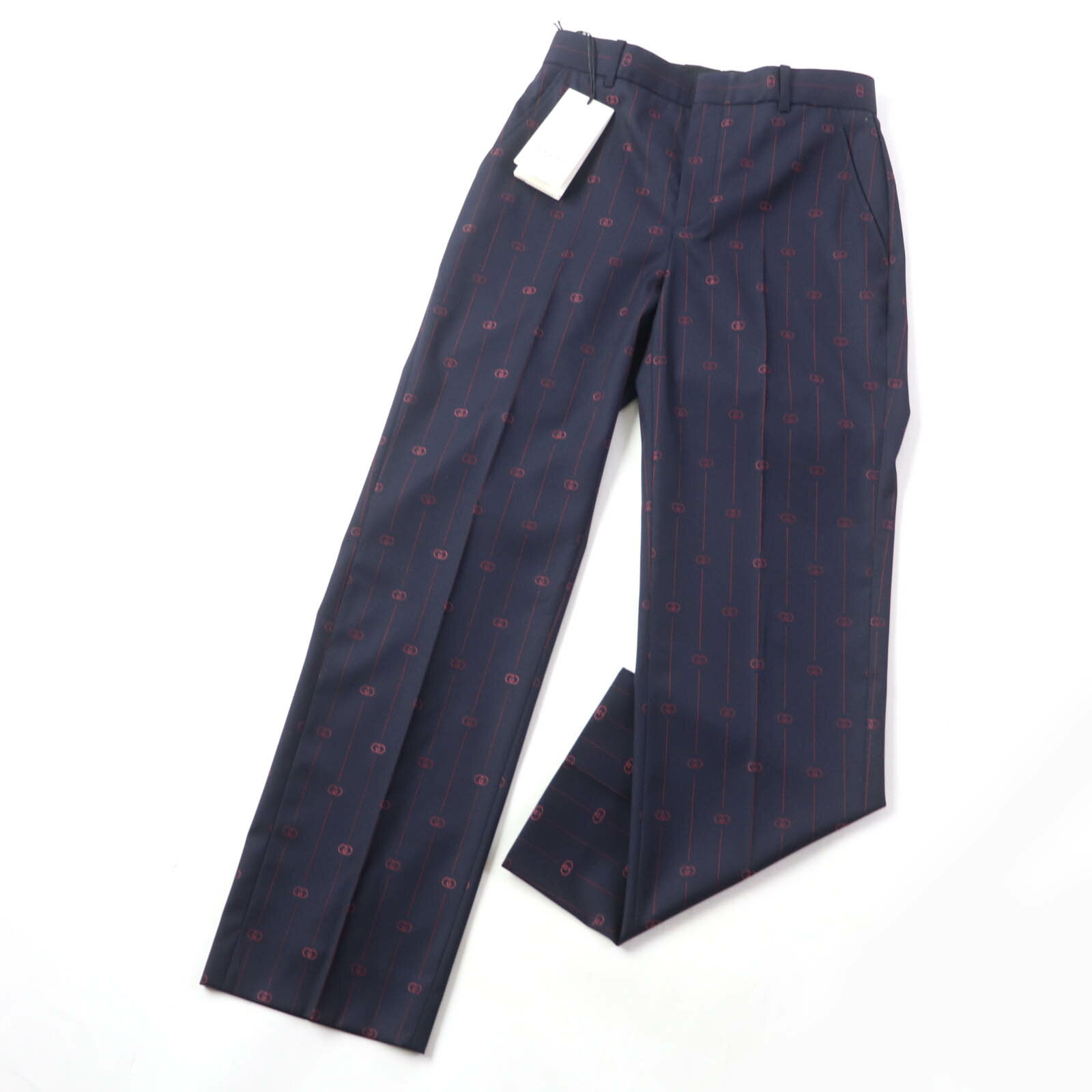 極美品☆GUCCI グッチ 20SS 595172 ウール シルク混 インターロッキングG トラウザーズパンツ ボトムス ネイビー 38 イタリア製 正規品 レディース【中古】