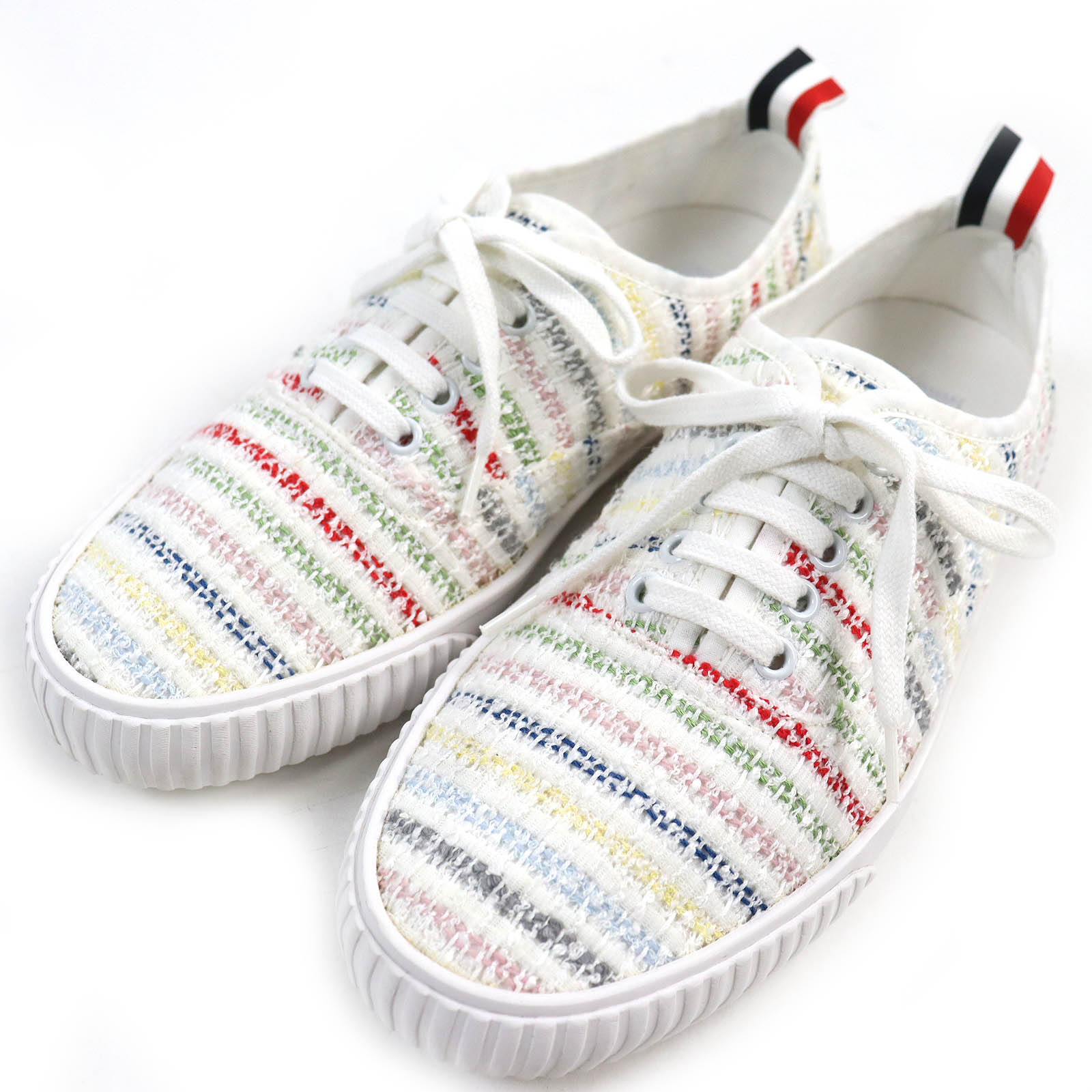 美品△THOM BROWNE トムブラウン ツイード レースアップ ローカットスニーカー ホワイト マルチカラー 8 スペイン製 メンズ オススメ◎【中古】