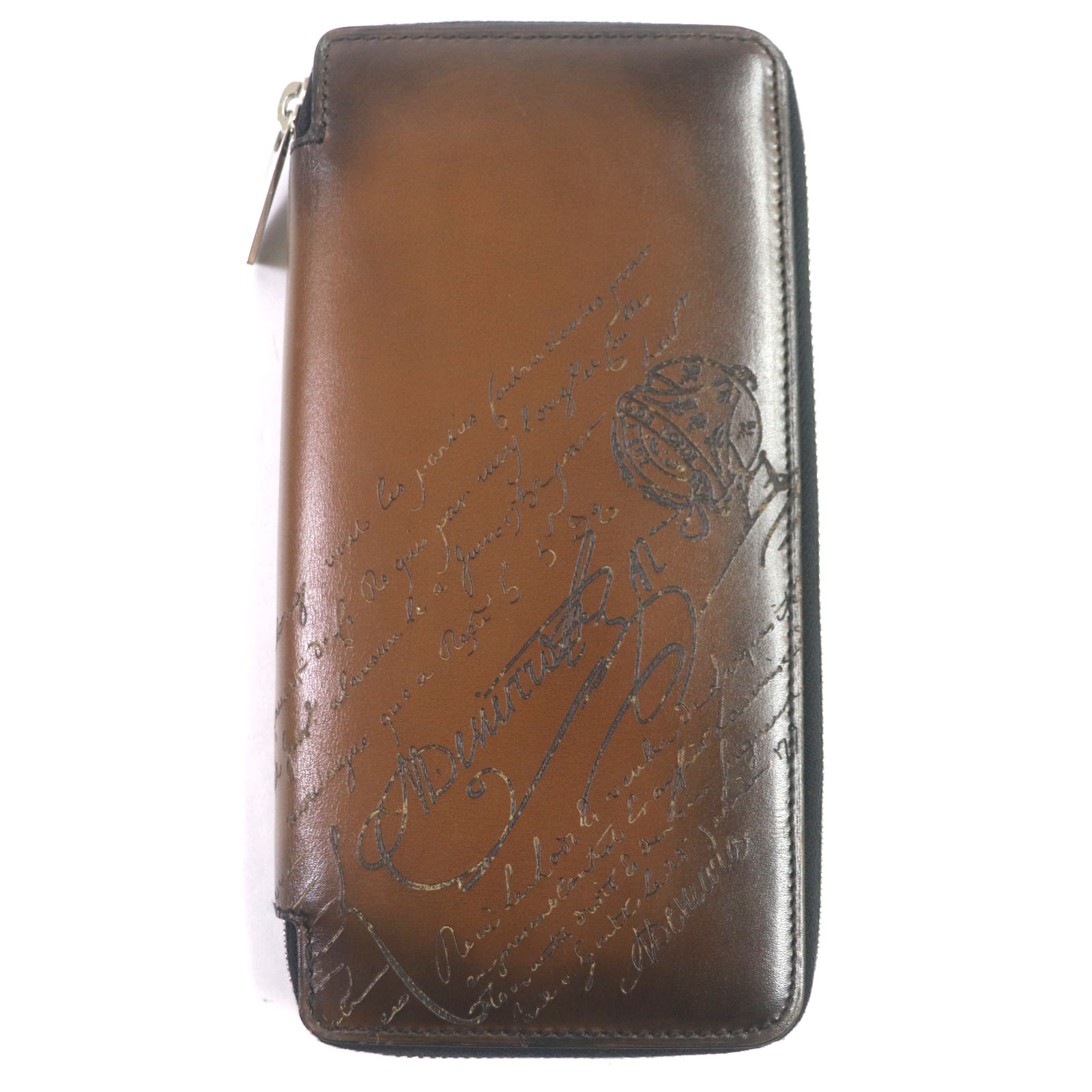 美品▼BERLUTI ベルルッティ レザー カリグラフィ ラウンドジップウォレット 長財布 ブラウン シルバー金具 イタリア製 メンズ【中古】