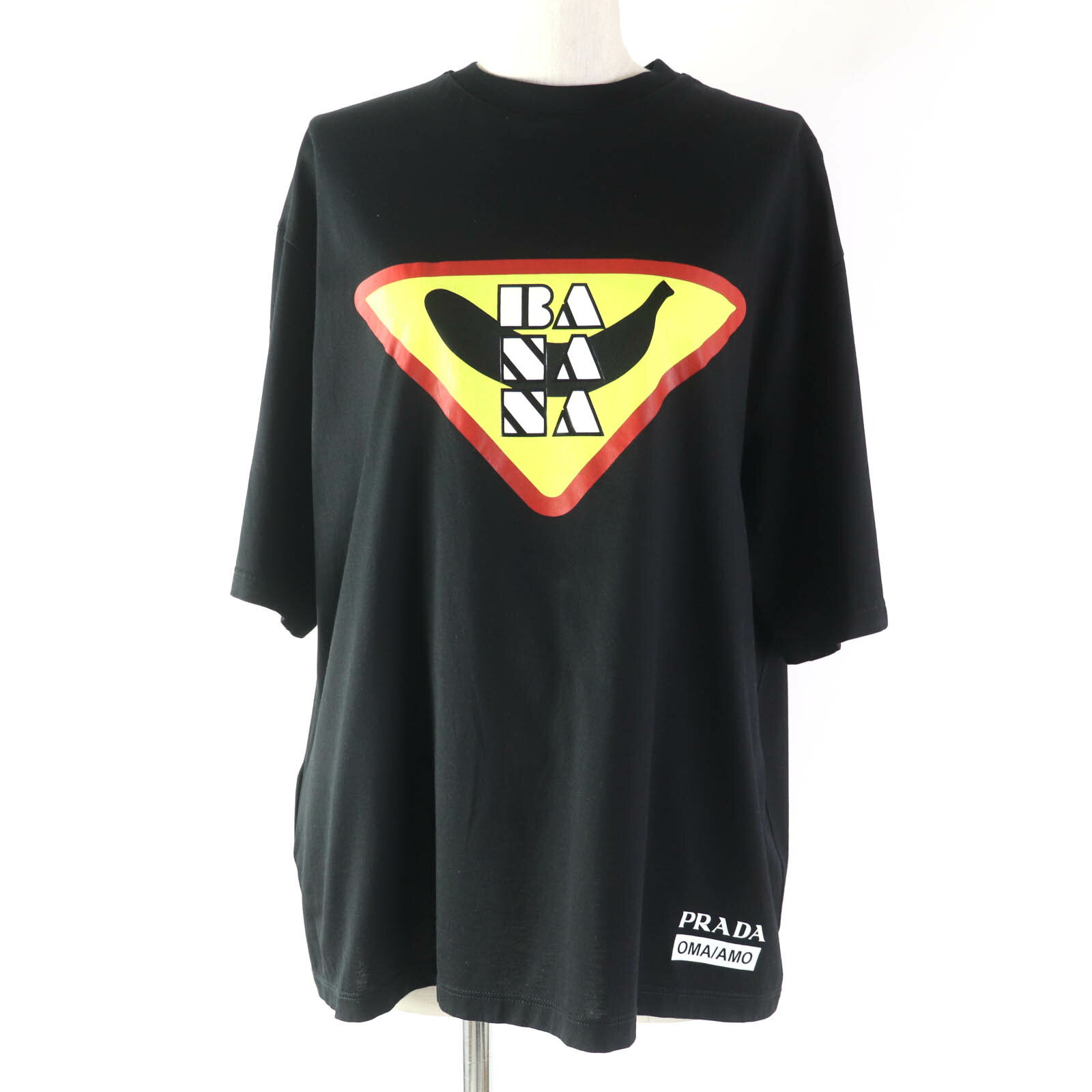 美品☆PRADA プラダ OMA/AMO 35976 バナナ コレクション コットン トライアングル オーバーサイズ 半袖Tシャツ ブラック S イタリア製 正規品 レディース【中古】