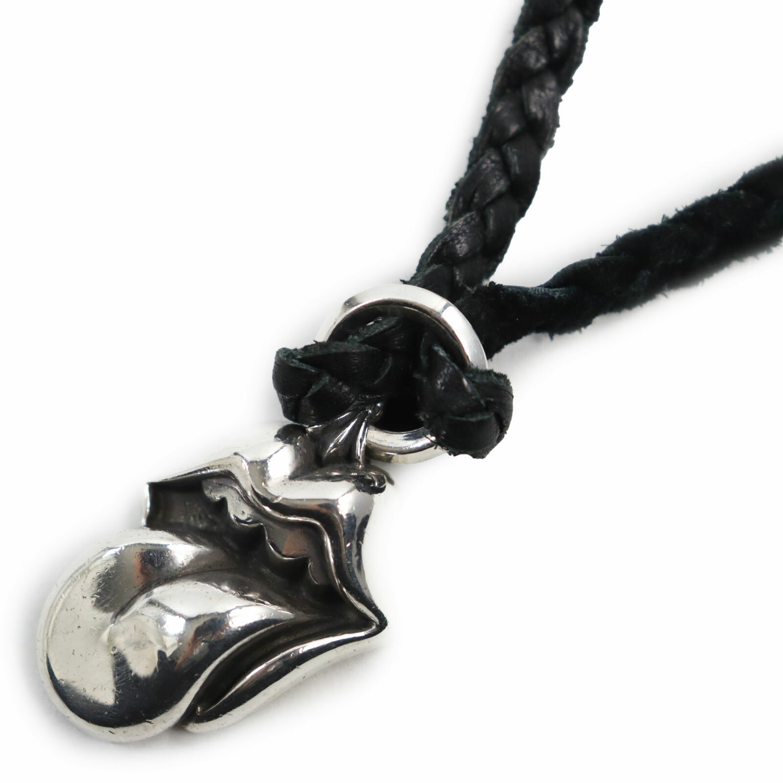 美品●CHROME HEARTS クロムハーツ ヴィンテージ ローリングストーンズ リップ＆タン SV925 レザー アクセサリー ネックレス シルバー ブラック 保存袋付き 総重量63.2g メンズ【中古】