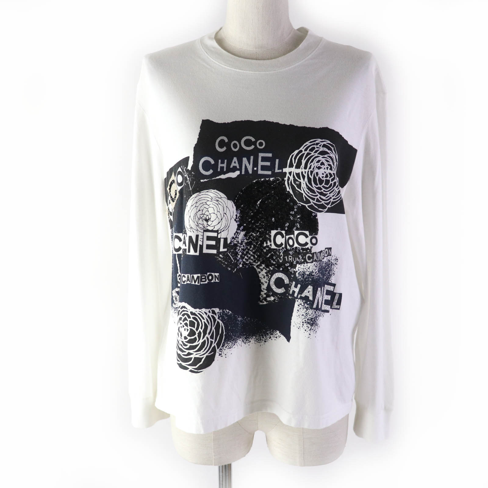美品★CHANEL シャネル P63300 コットン100％ スパンコール ココマーク カメリア ロゴデザイン 長袖 カットソー ホワイト ブラック S イタリア製 正規品 レディース【中古】