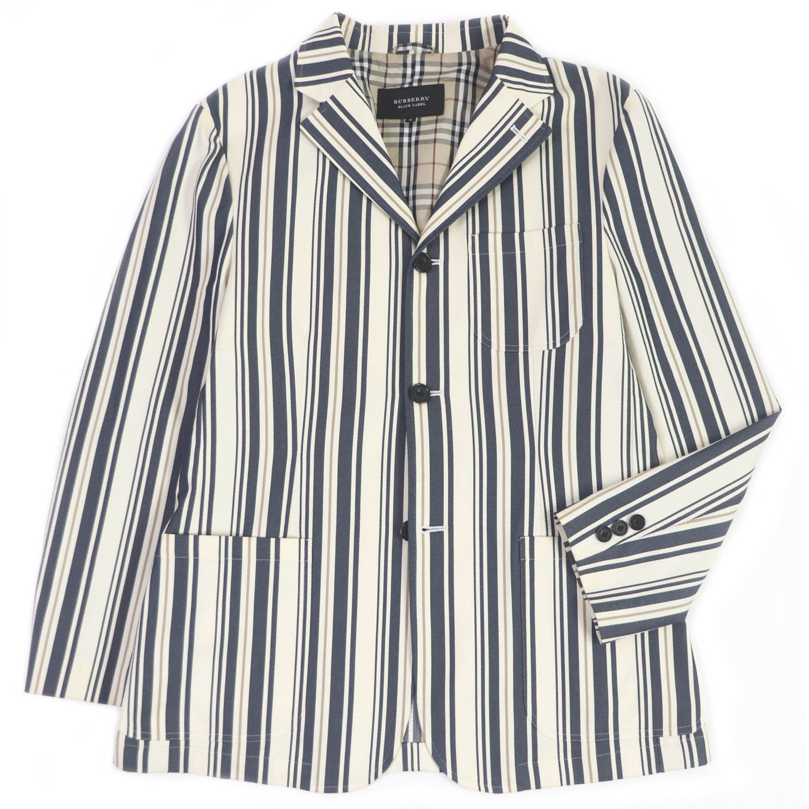 美品□BURBERRY BLACK LABEL バーバリーブラックレーベル コットン ストライプ 裏ノバチェック シングル テーラードジャケット ブレザー アイボリー系 M 正規品 メンズ【中古】