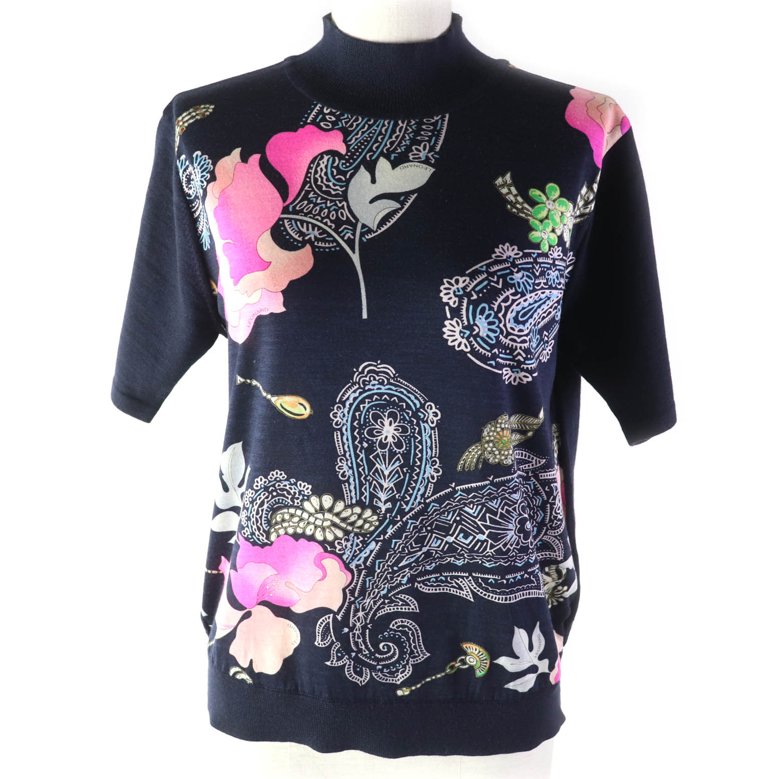 美品★LEONARD FASHION レオナール ファッション フラワー ペイズリー柄 シルク混 ウール ハイネック 半袖ニット ネイビー マルチ L 日本製 正規品 レディース【中古】