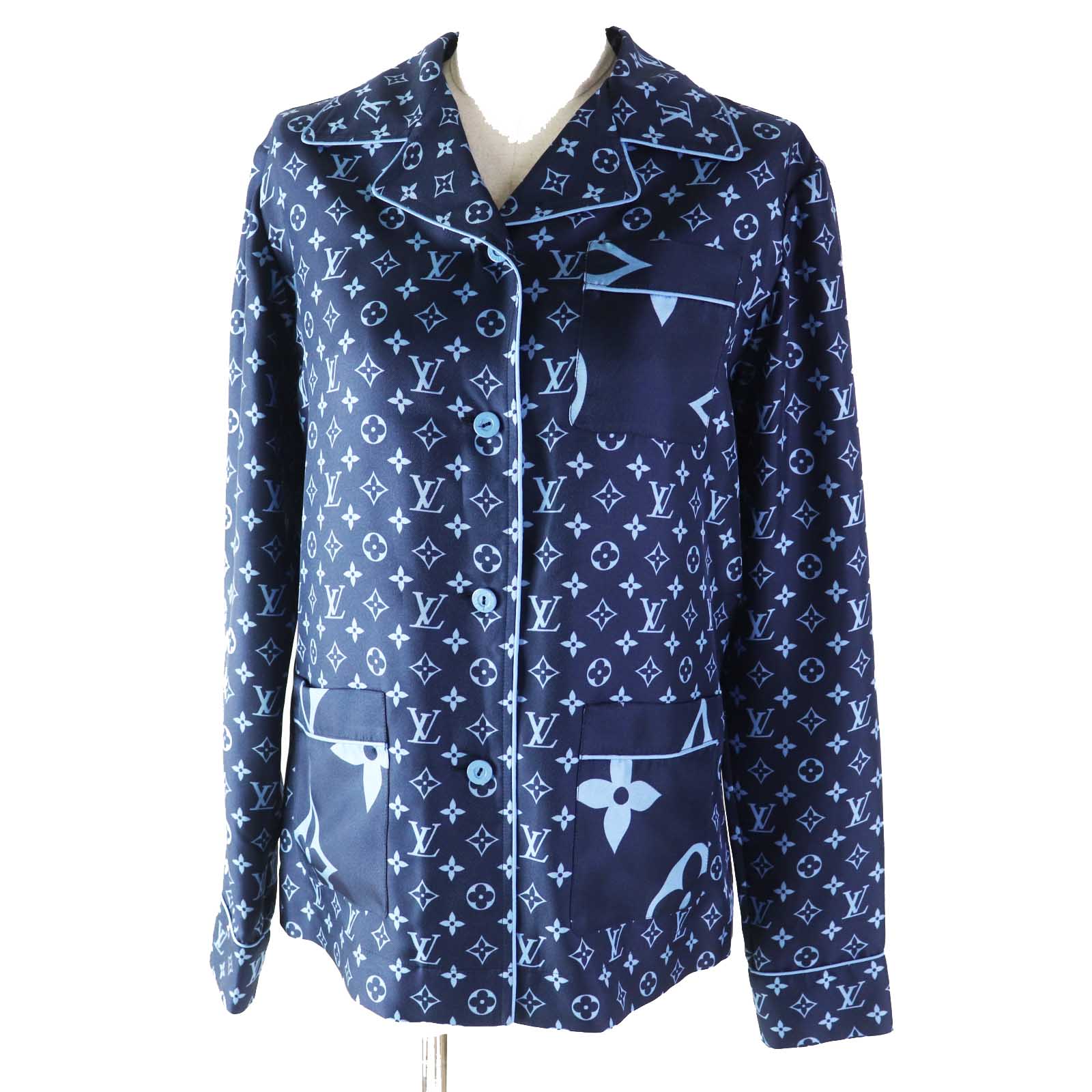 未使用品◎LOUIS VUITTON ルイヴィトン 22AW シルク100％ モノグラム パジャマシャツ／長袖シャツ ネイビー ライトブルー 34 ハンガー付き イタリア製 正規品 レディース【中古】