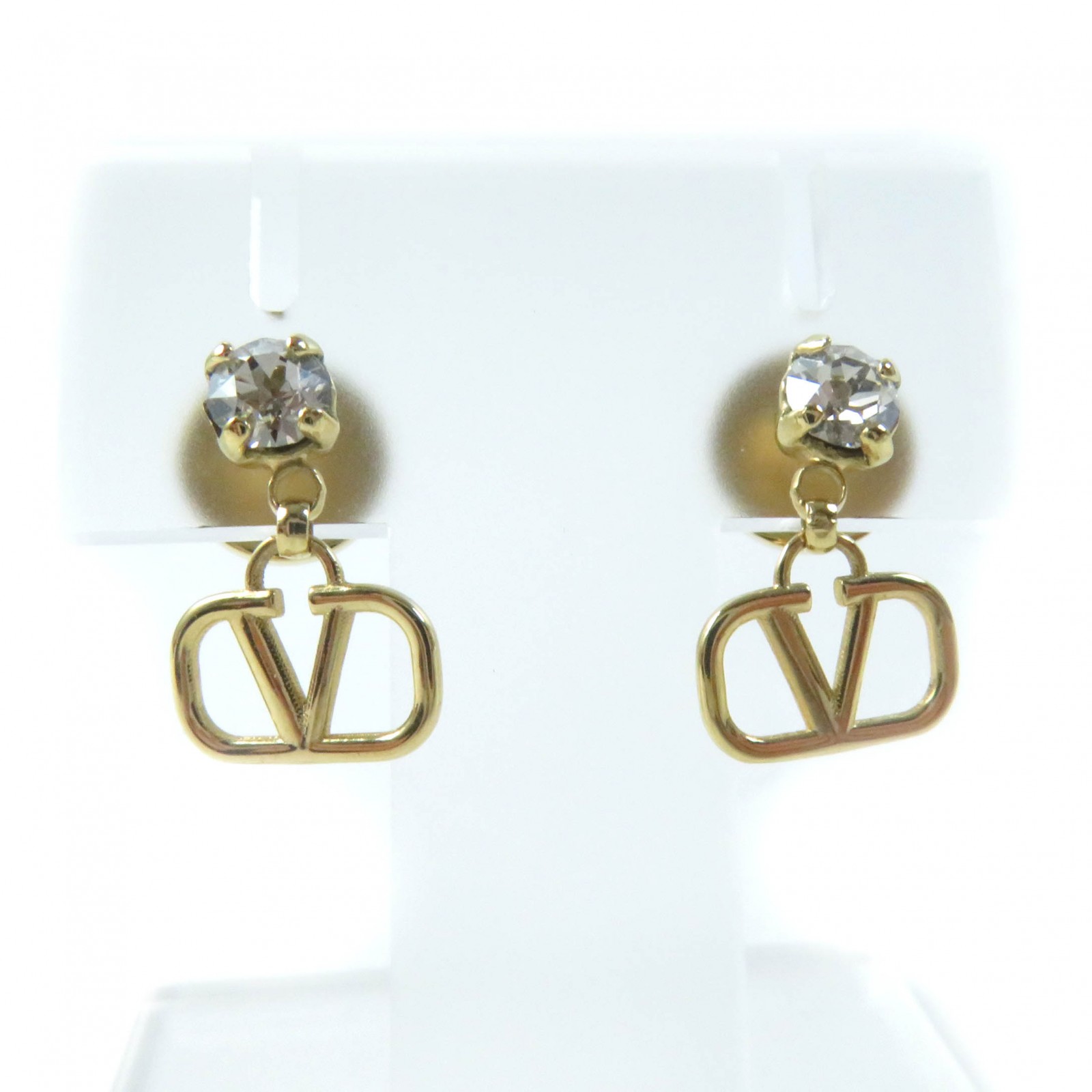 極美品★Valentino Garavani ヴァレンティノガラヴァーニ ZW2J0H29YCW メタル スワロフスキー Vロゴ シグネチャー クリスタル ピアス ゴールド 箱・保存袋付き レディース【中古】