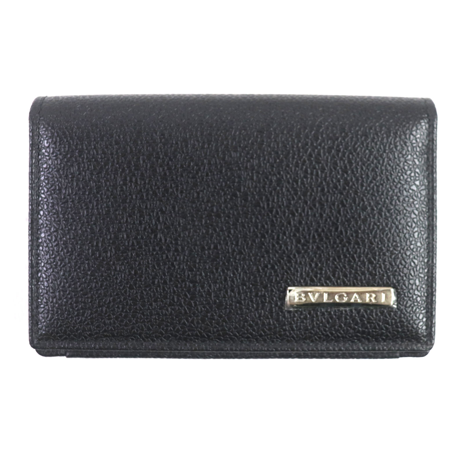 未使用品▼BVLGARI ブルガリ レザー ロゴプレート付き 2つ折り パスケース カードケース 名刺入れ ブラック イタリア製 メンズ ビジネス◎【中古】