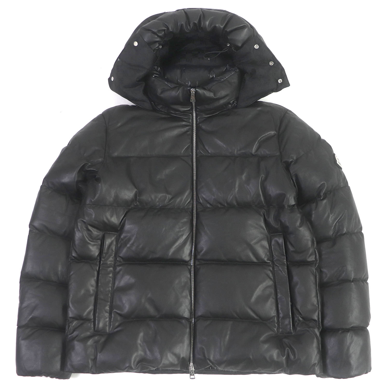 美品□MONCLER モンクレール 22-23AW DAUPHINELL ロゴワッペン付き フーデッド ラムレザーダウンジャケット ブラック 2 正規品 メンズ【中古】