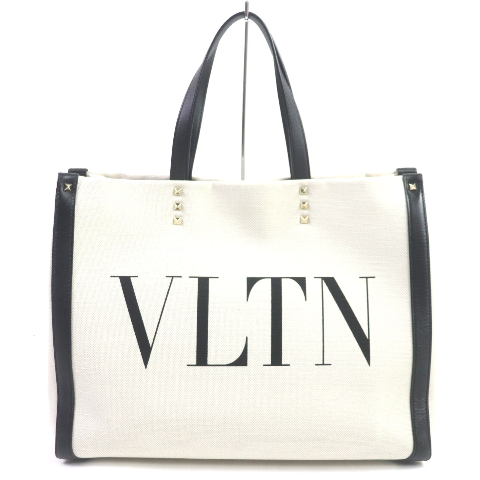 極美品▼VALENTINO ヴァレンティノ VLTN キャンバス レザー ミディアム ロックスタッズ トートバッグ ベージュ ブラック 保存袋付き イタリア製 メンズ【中古】