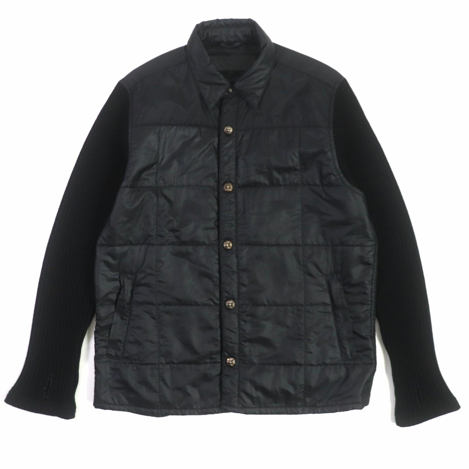 美品▼CHROME HEARTS クロムハーツ 袖カシミヤ100% 切替デザイン JVP クロスボールボタン 中綿 ジャケット ブラック L USA製 正規品 メンズ【中古】