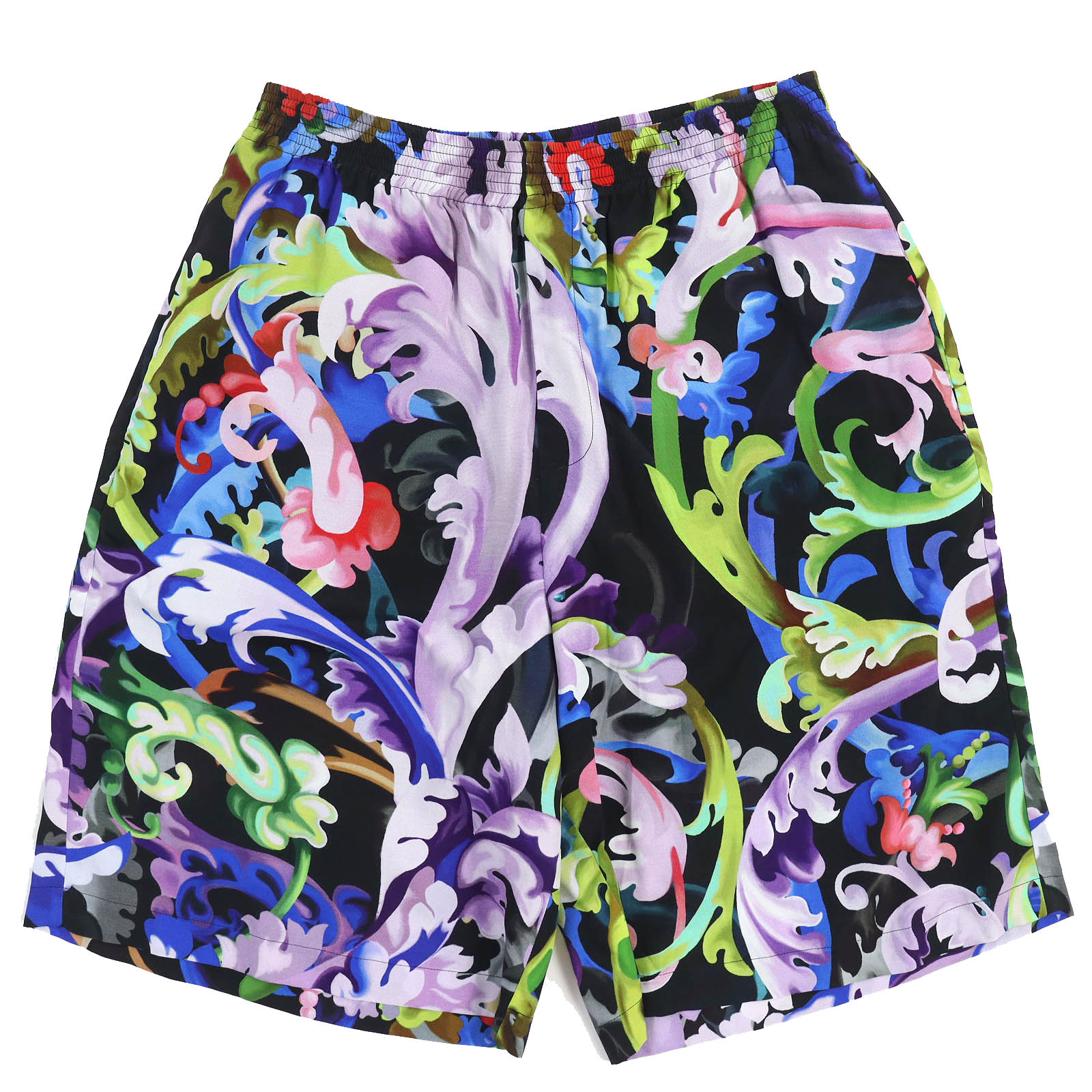 極美品△VERSACE ヴェルサーチ 2021年製 A86432 COLLEGE FIT 総柄デザイン ハーフパンツ ショートパンツ ブラック マルチカラー 46 イタリア製 正規品 メンズ オススメ◎【中古】