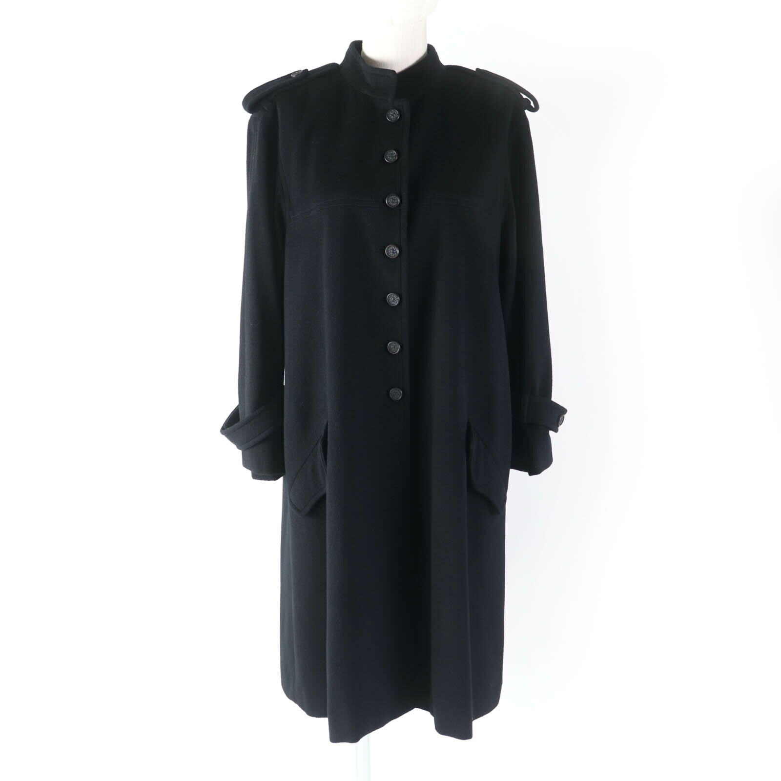 極美品★CHANEL シャネル 05A P26790 裏地シルク100％ ココマークボタン エポレット付 カシミヤ ロングコート ブラック 36 フランス製 レディース【中古】