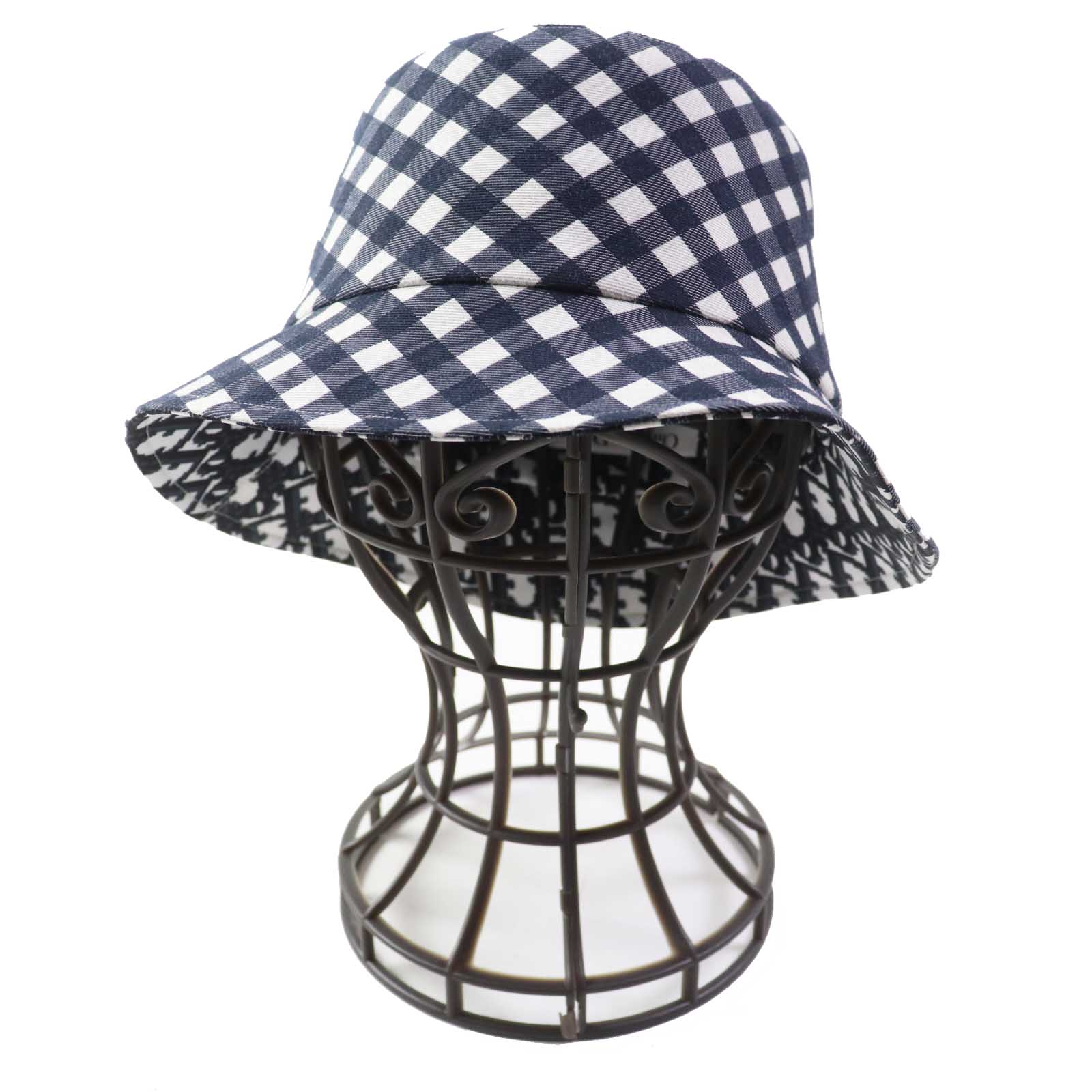極美品◎Christian Dior クリスチャンディオール 22VIC923I130 D-LITTLE VICHY REVERSIBLE オブリーク リバーシブル ボブハット／バケットハット ネイビー ホワイト 57 イタリア製 正規品 レディース【中古】