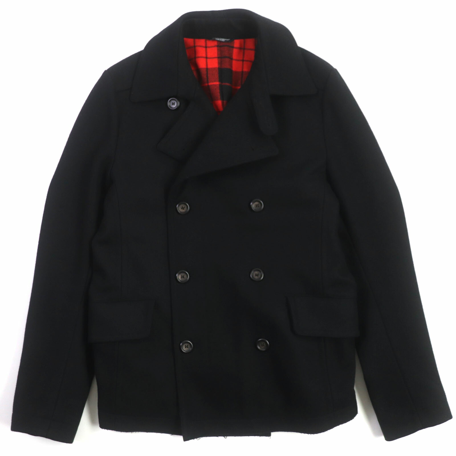 美品▼DOLCE&GABBANA ドルチェ＆ガッバーナ ウール 黒タグ 裏地チェック柄 ダブルブレスト ジャケット ピーコート ブラック 48 イタリア製 正規品 メンズ【中古】