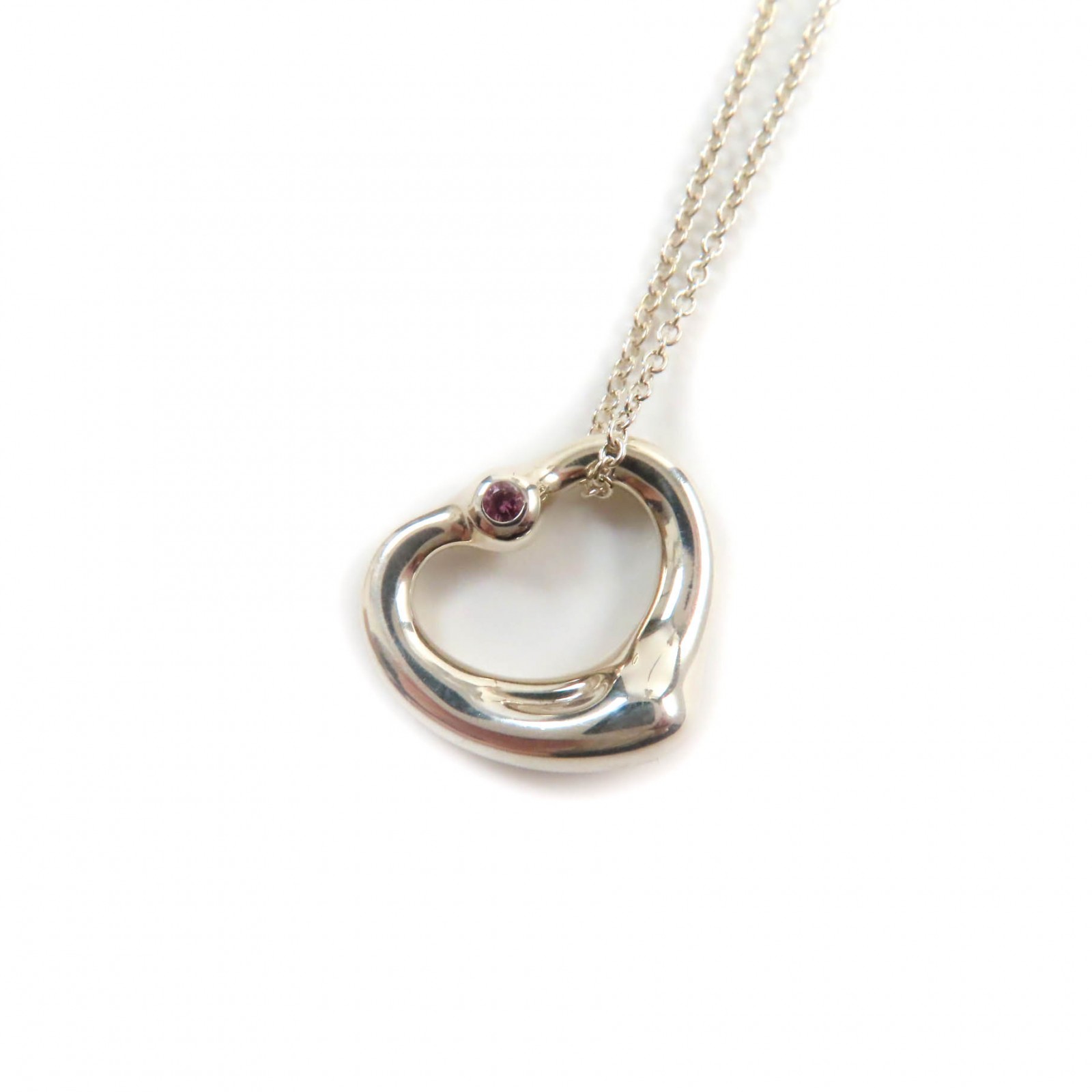 美品★TIFFANY&Co. ティファニー オープン ハート ペンダント エルサ・ペレッティ AG925 1P ピンクサファイア ネックレス シルバー ピンク 総重量3.59g レディース【中古】