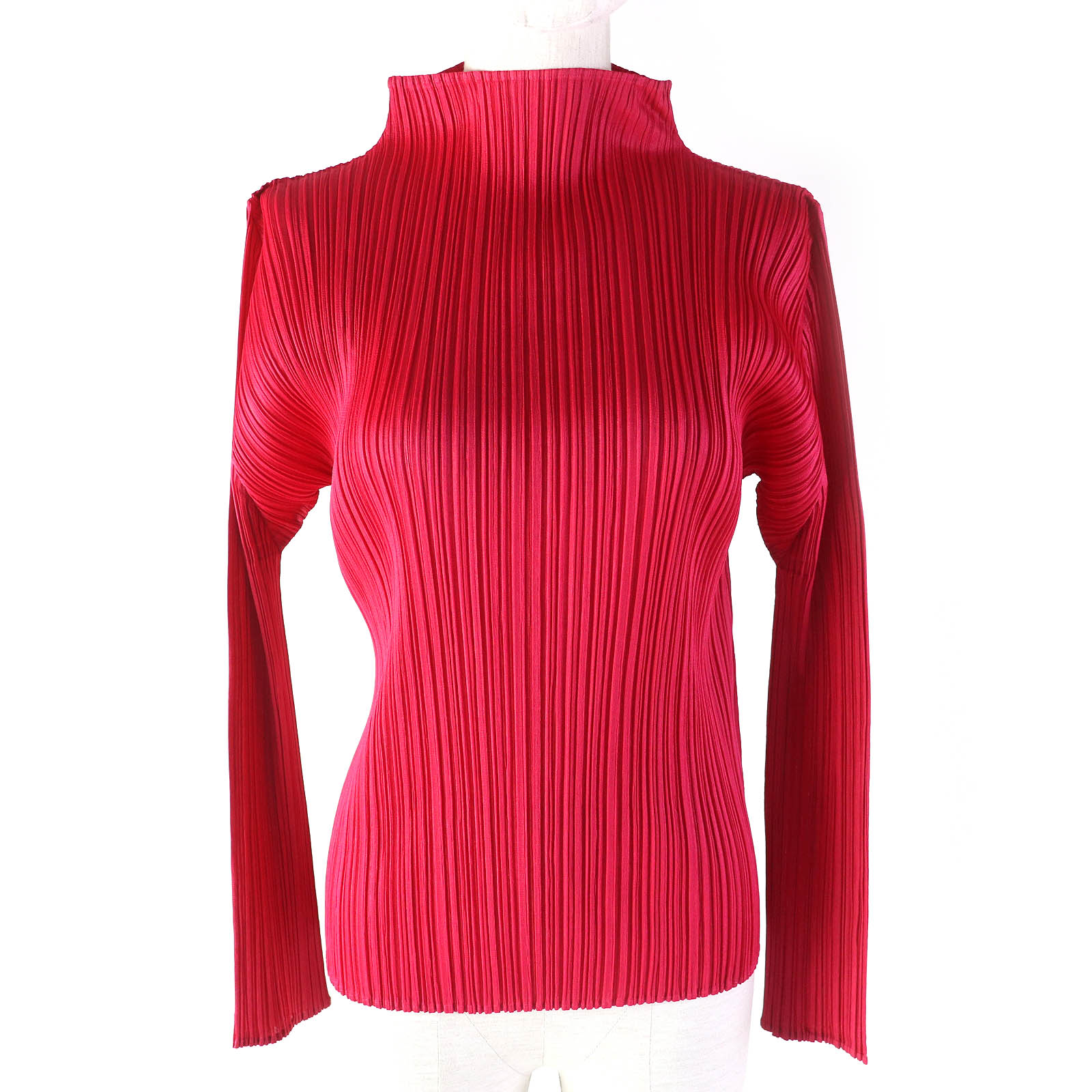 極美品△PLEATS PLEASE プリーツプリーズ イッセイミヤケ PP93-JJ163 ハイネック 長袖 トップス カットソー レッドピンク系 3 日本製 正規品 レディース オススメ◎【中古】
