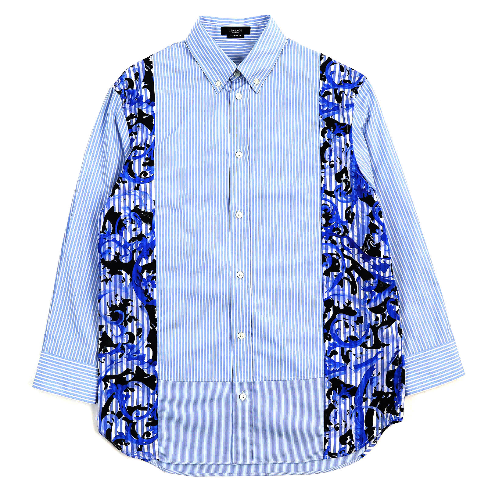 極美品△VERSACE ヴェルサーチ 2021年製 1000862 コットン100％ HERITAGE FIT バロック ストライプ 長袖シャツ ライトブルー系 38 イタリア製 正規品 メンズ オススメ◎【中古】