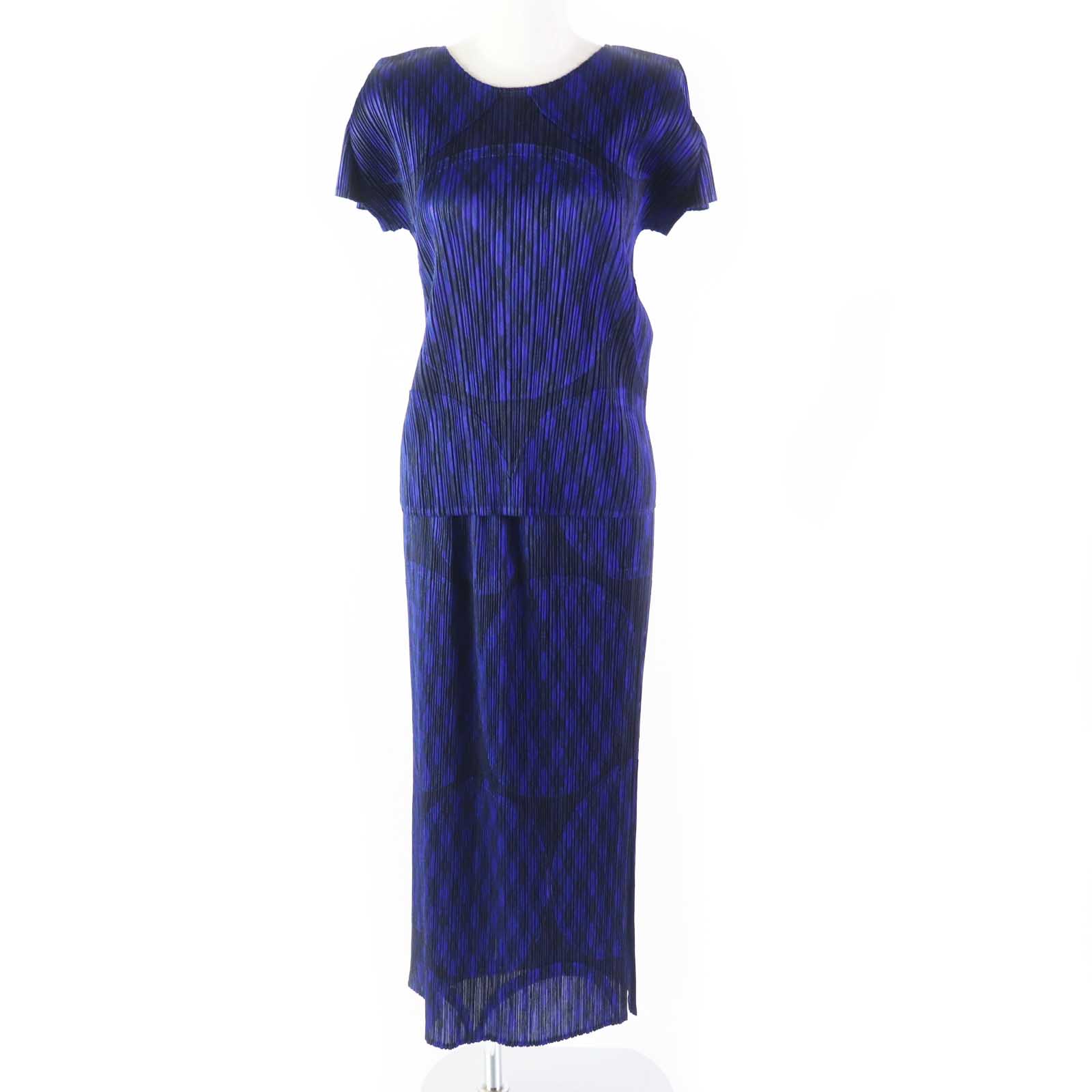 極美品◎PLEATS PLEASE プリーツプリーズ イッセイミヤケ PP43-JK901 PP43-JG904 総柄 クルーネック フレンチスリーブ カットソー／ロングスカート セットアップ ブルー ブラック 4／4 日本製 正規品 レディース【中古】